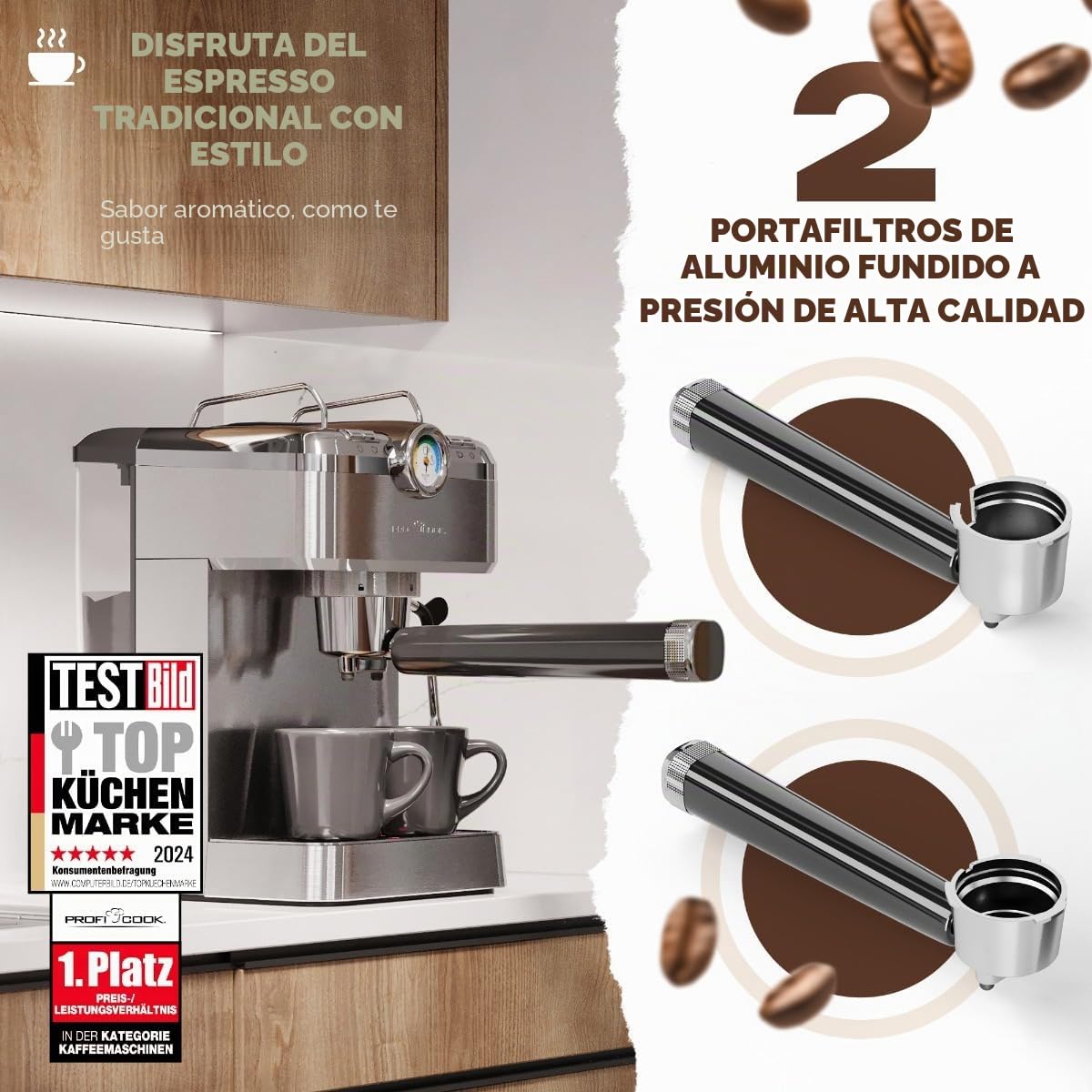 Cafetera espresso ProfiCook | cafetera espresso incl. portafiltro | bomba espresso italiana 20 bar | para café en polvo y cápsulas compatibles Nespresso | cafetera portafiltro | PC ES 1267