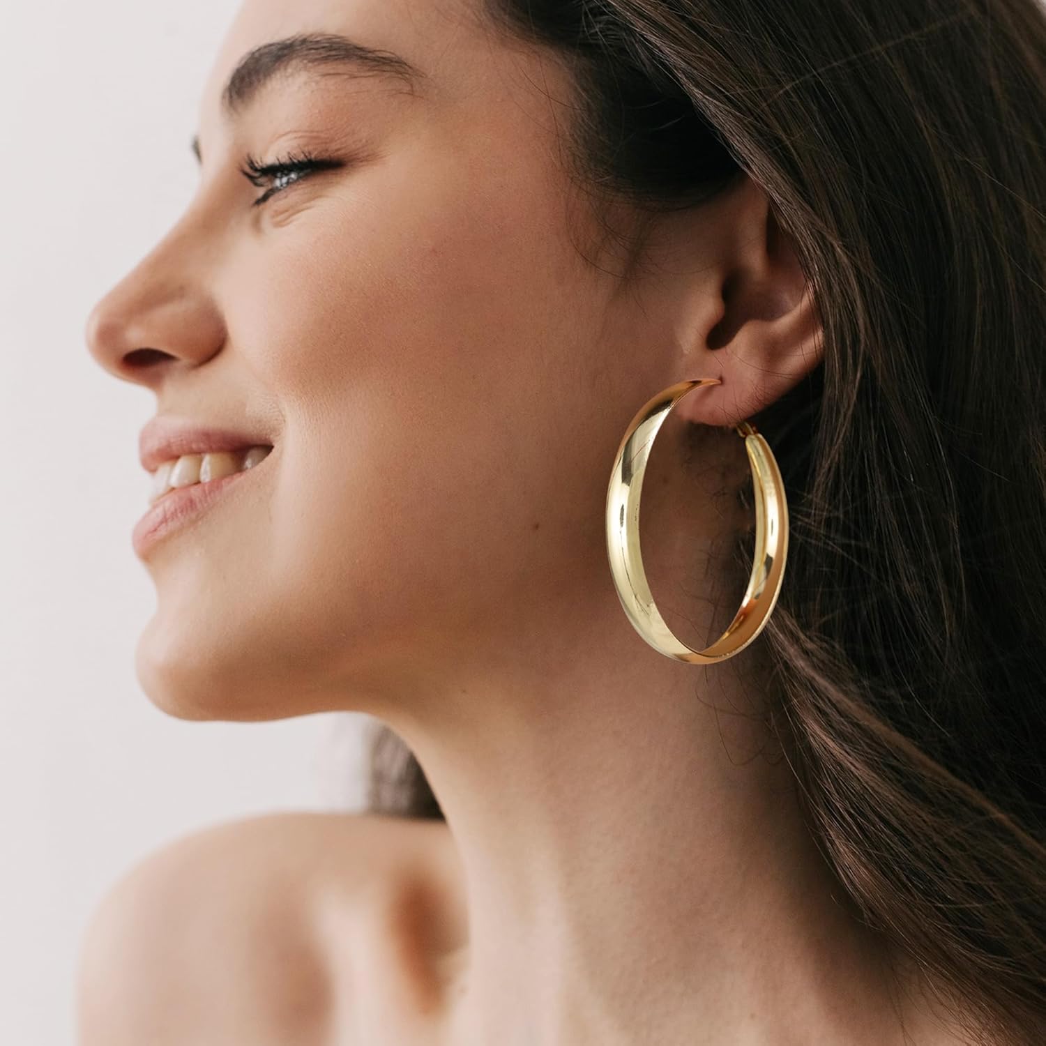 5-8mm Tapered Design Thick Large Hoop Earrings for Women Trendy Hypoallergenic 925 Sterling Silver Post 14K Gold Hoop Earrings Non Tarnish Lightweight Big Chunky Gold Hoops 30/40/50/60MM - Image 2