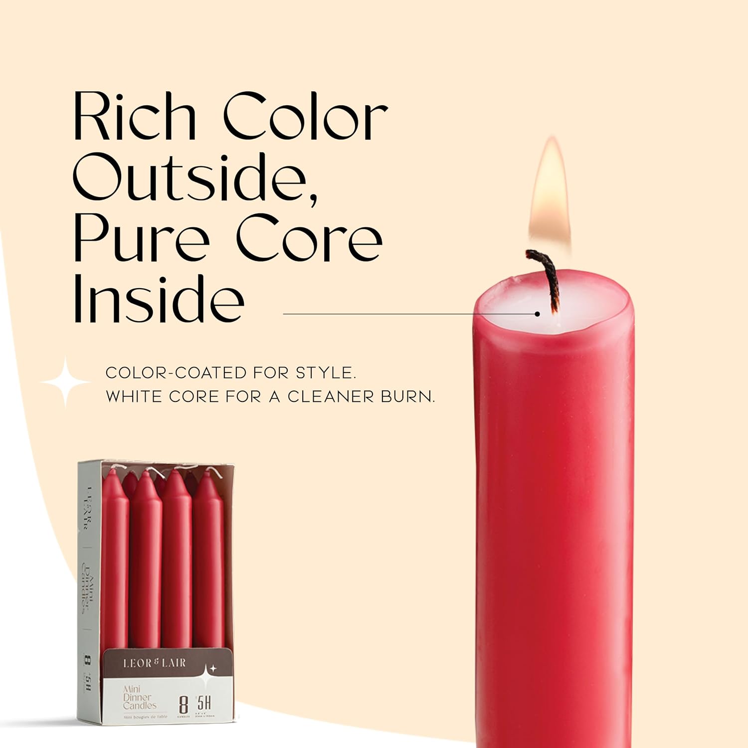 Leor & Lair Red Candlesticks - Pack of 8 Short Taper Candles with Cotton Wick - 5 Hour Burn Mini Red Candles Sticks for Romantic Dinners, Valentines Day & Christmas Decoration