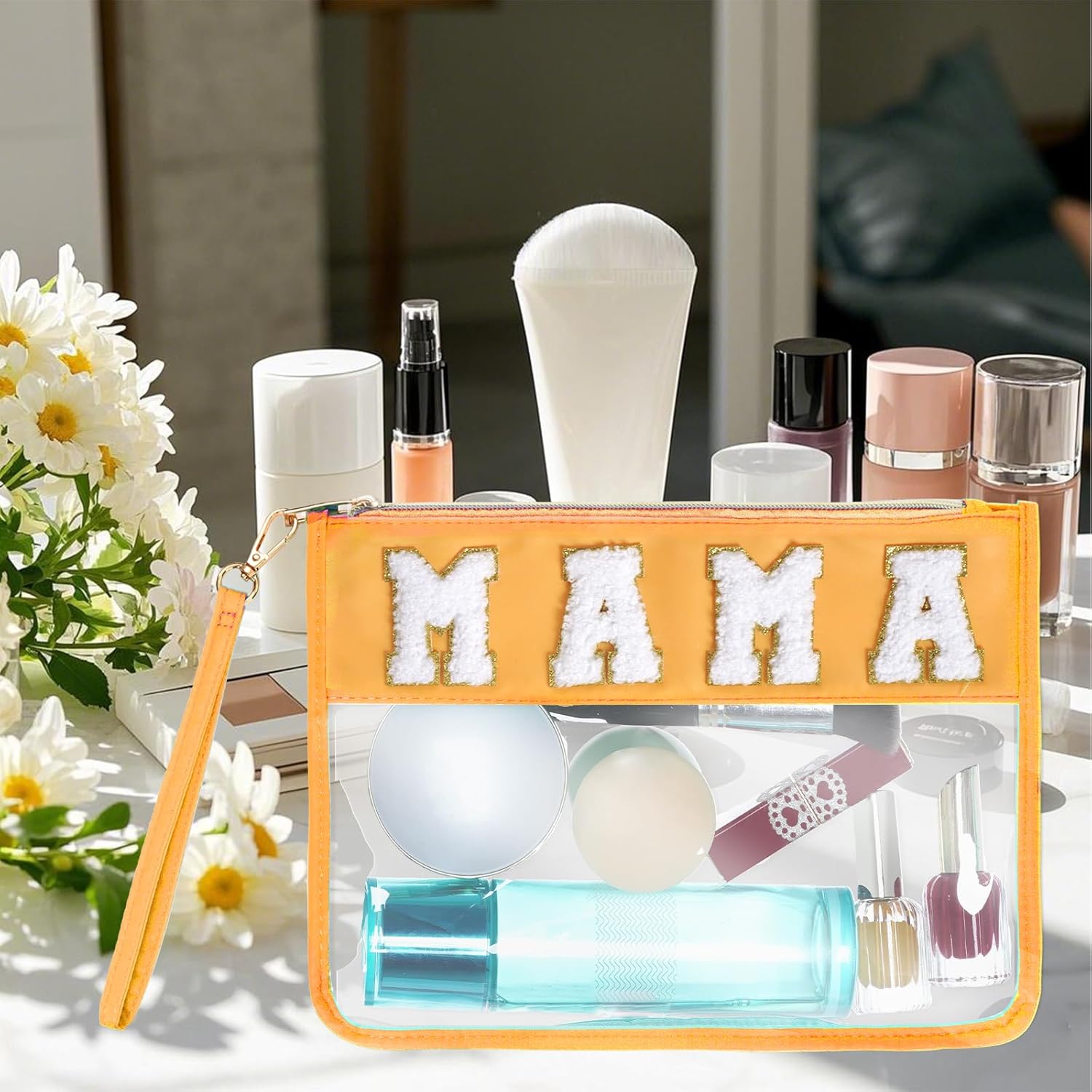 Chenille Letter Bag, Nylon Clear Cosmetic Bag with Zipper, Makeup Travel Pouch for Women Girls Gift (Yellow-MAMA) - Image 4