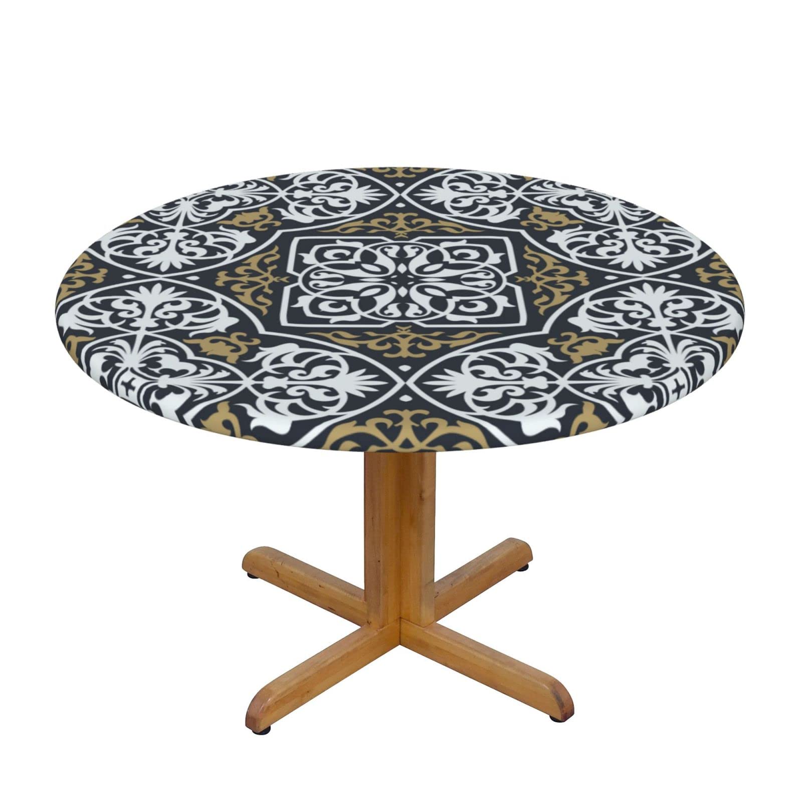 Lsjuee Round Fitted Tablecloth 40-44in Elastic Edged Table Cloth for Kitchen Dining Party Home Decor - Vintage Mandala Floral Design Abstract