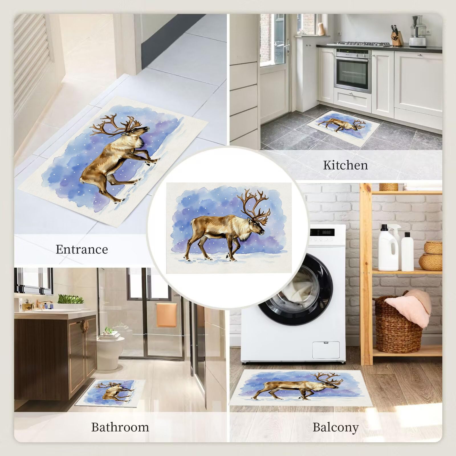 Felpudo Entrada Casa, 90X150Cm Alfombra Entrada Antideslizante Animales De Acuarela Invernales, Alfombrilla Fino Renos Naturales Absorbentes Lavable para Entrada, Pasillo, Cocina, Azul Claro