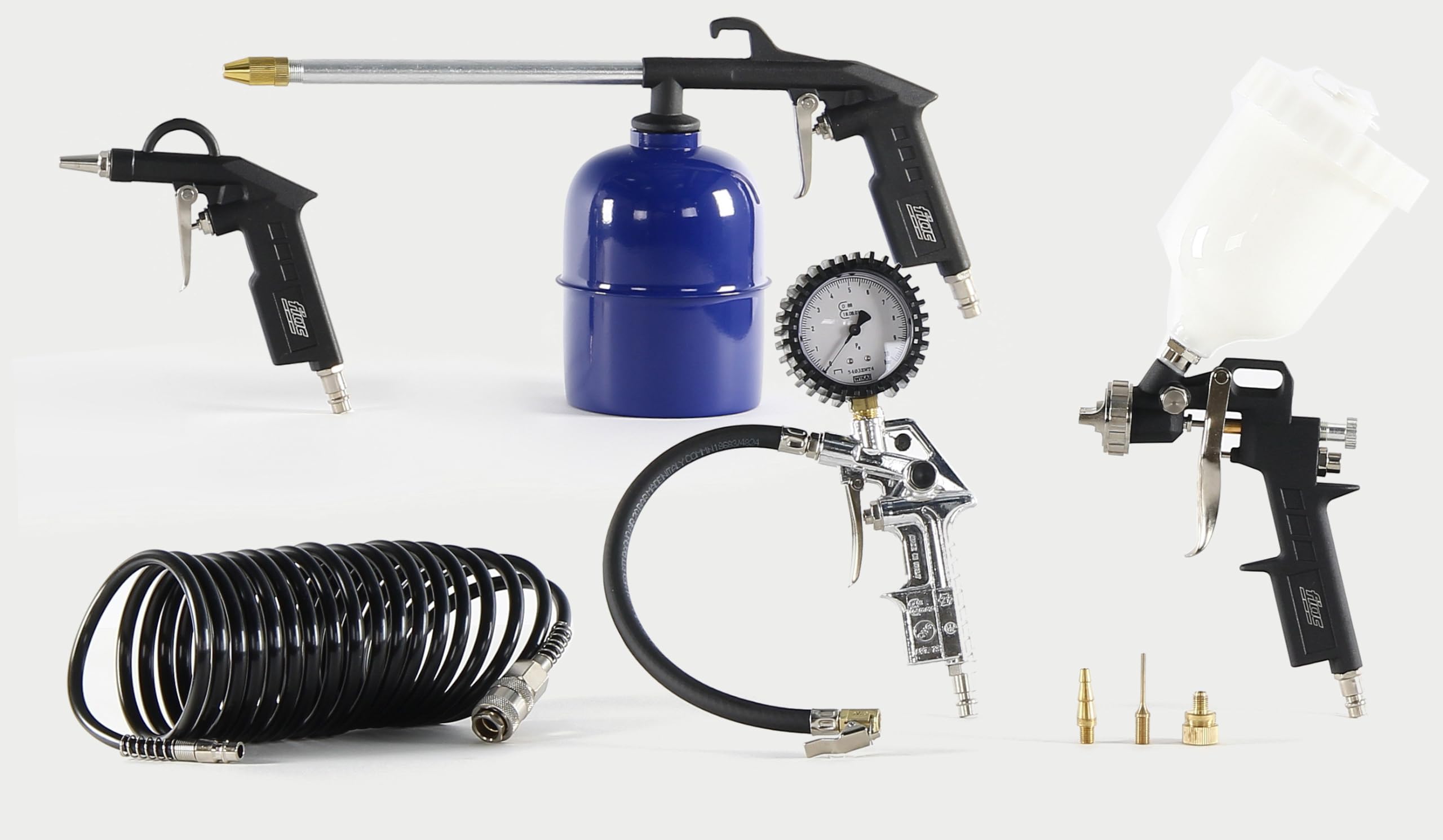Kit de accesorios FIAC de 8 piezas para compresor, que incluye pistola de inflado homologada, 3 boquillas adaptadoras y manguera flexible, pistola de soplado, pistola de lavado, pistola de pintura