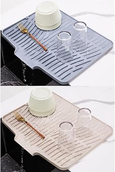 2 Pack Silicone Dish Drying Mat with Drain Lip for Kitchen Counter Grey+Cream 15.8"x13"