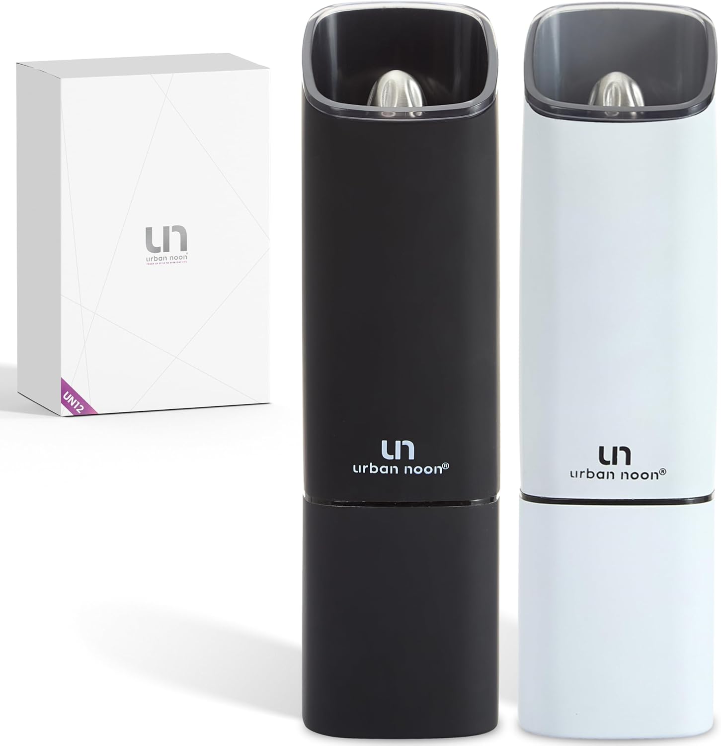 Gravity Electric Salt & Pepper Grinder Set – USB Rechargeable Salt & Pepper Grinders – Auto Seasoning Mills with Adjustable Coarseness & Light – Easy One Handed Use – Urban Noon (Black & White Matte)
