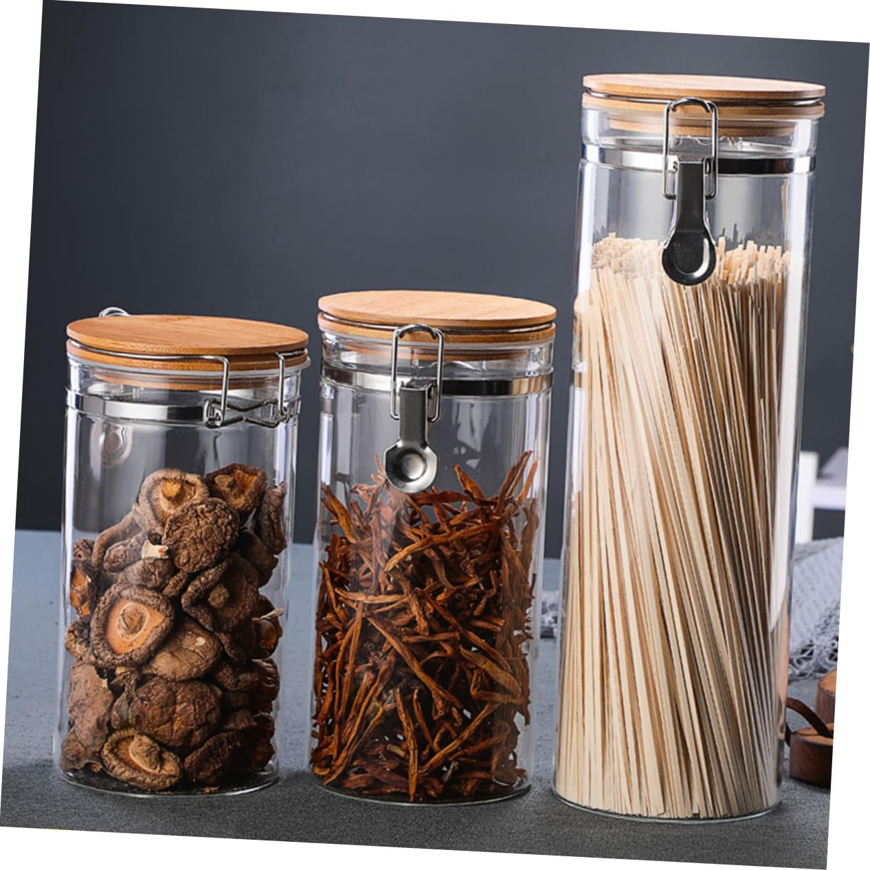 TOYANDONA Tarros Herméticos Protección contra Humedad Tapa de Acero Inoxidable y Madera de Vidrio Juego de 2 Capacidad 1140ml y 1280ml para Almacenar Alimentos en Cocina
