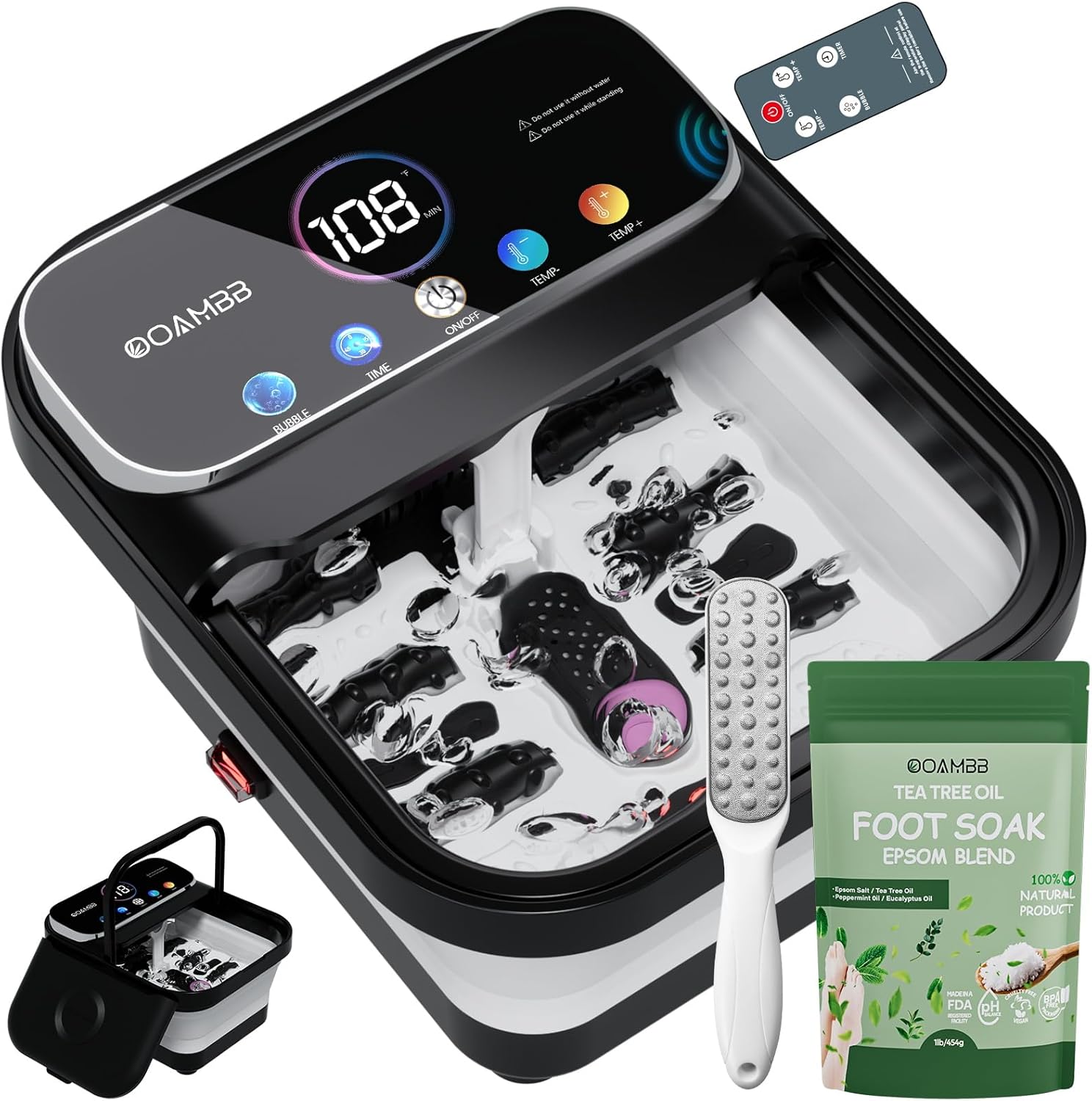 OOAMBB Collapsible Foot Spa with Heat, Bubble,Temp Control,Remote Control, Color Touch Screen Foot Bath Massager with 6 Massage Rollers,Foot Soaking Tub (Black+Green)