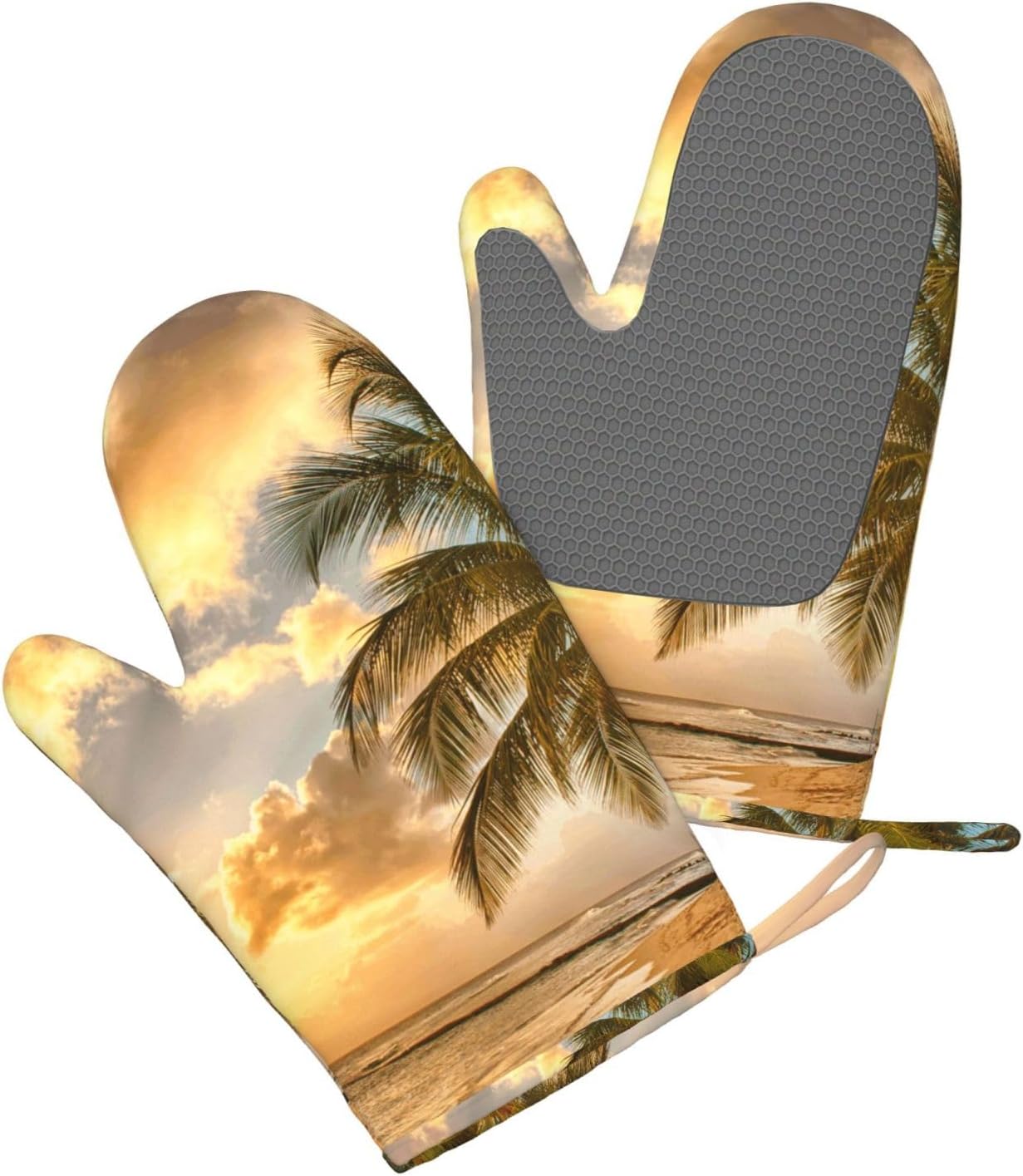 Sunset Hawaiian Palm Tree Oven Mitts and Pot Holders Set of 4 Heat Resistant Kitchen Gloves with Silicone Palm Hot Pads for Baking Cooking Grilling BBQ