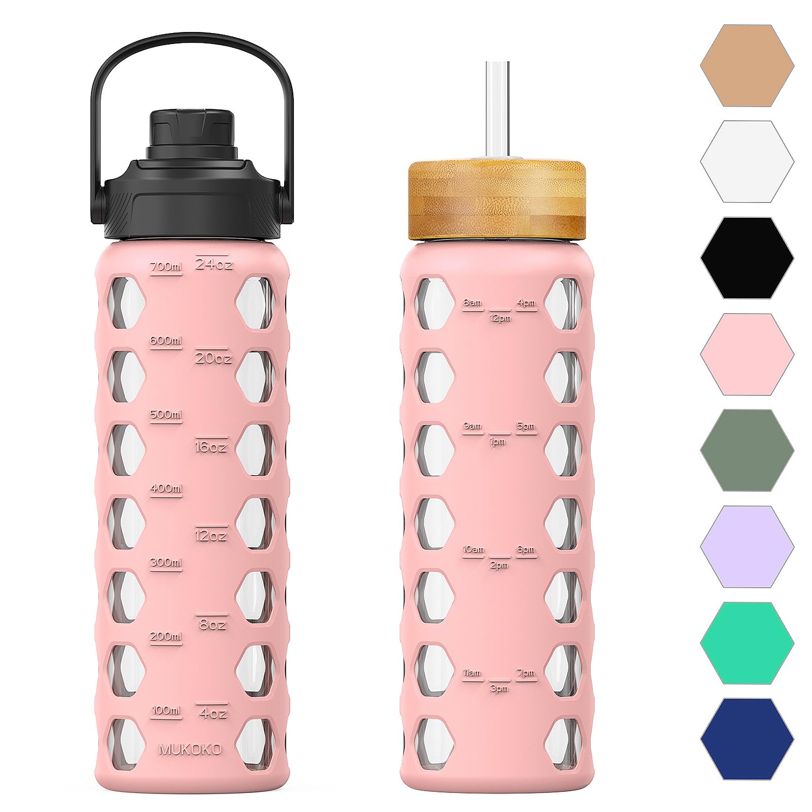 HYDRAGLAZIC 700ML Glass Water Bottle with 2 Flip and Bamboo Straw Lids Sports Water Tumbler with Time Reminder and Silicone Sleeve Leak-proof BPA Free