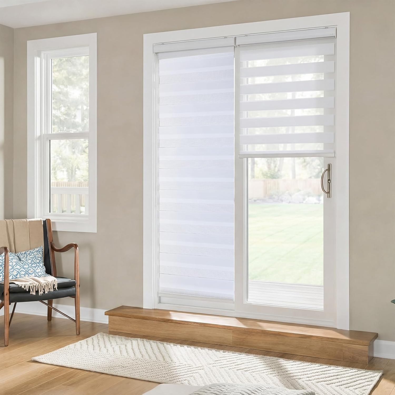 Tingjoo 2 Set 24 x 84 Inch Self Adhesive Zebra Blinds for Sliding Door Adjustable French Door Cordless Blind Sheer Shades Light Filtering Privacy Blinds 2 Ways to Install White for French Doors