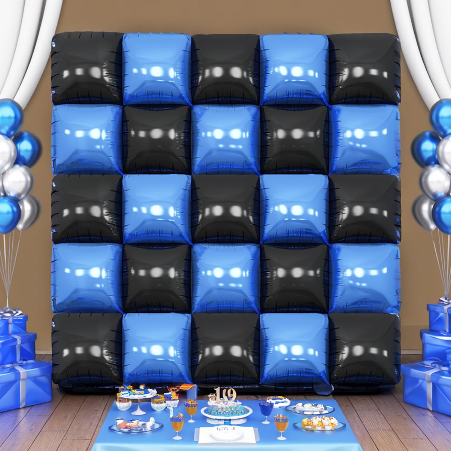 Black Blue Square Foil Balloon Wall,25Pcs Double Sided Balloon Backdrop Helium Mylar Balloon Tunnel Arch Garland Kit for Birthday Bridal Anniversary Baby Shower Party Decorations