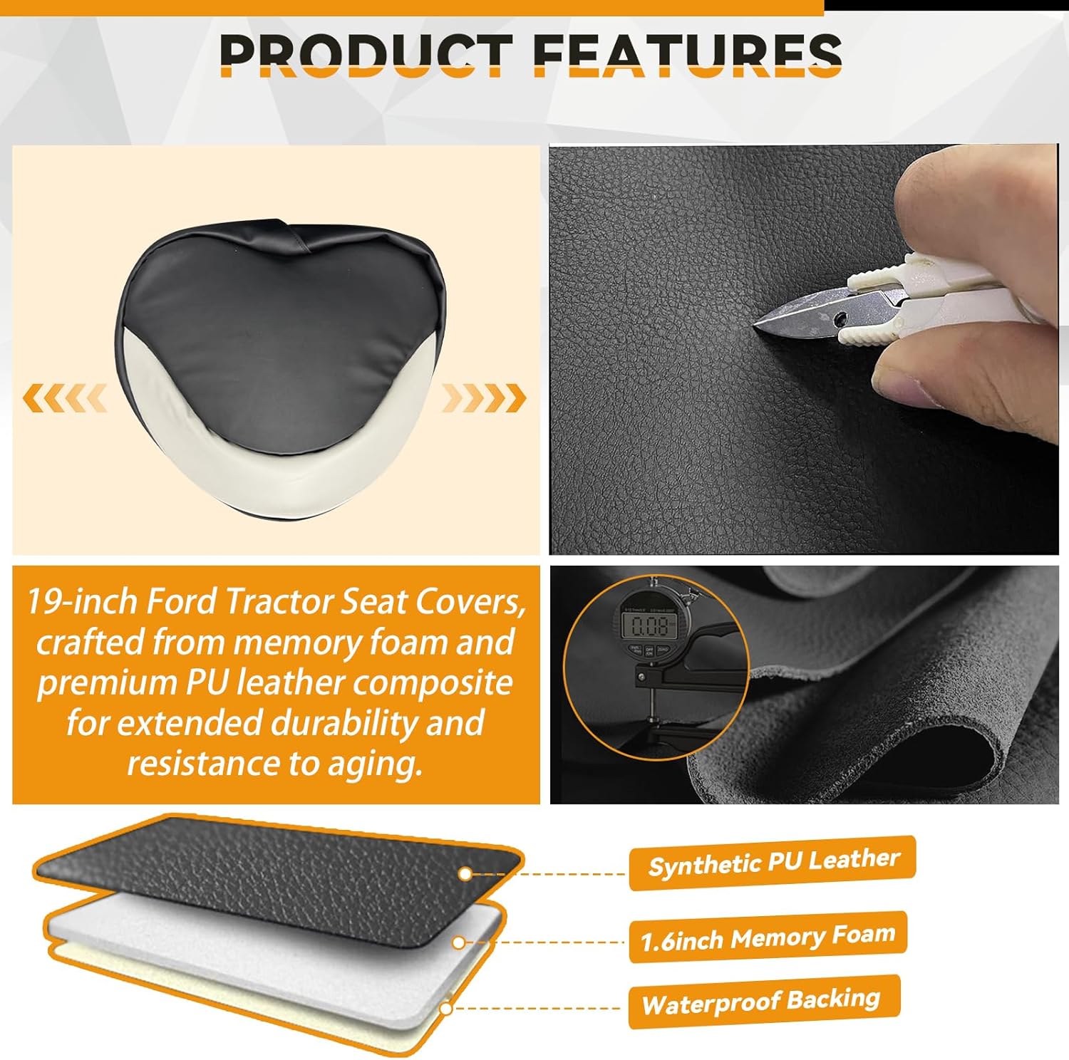 19" Seat Cover Compatible with Ford Tractors NAA, Jubiee, 600, 601, 800, 900, Heavy Duty Leather Seat Cover, White and Charcoal