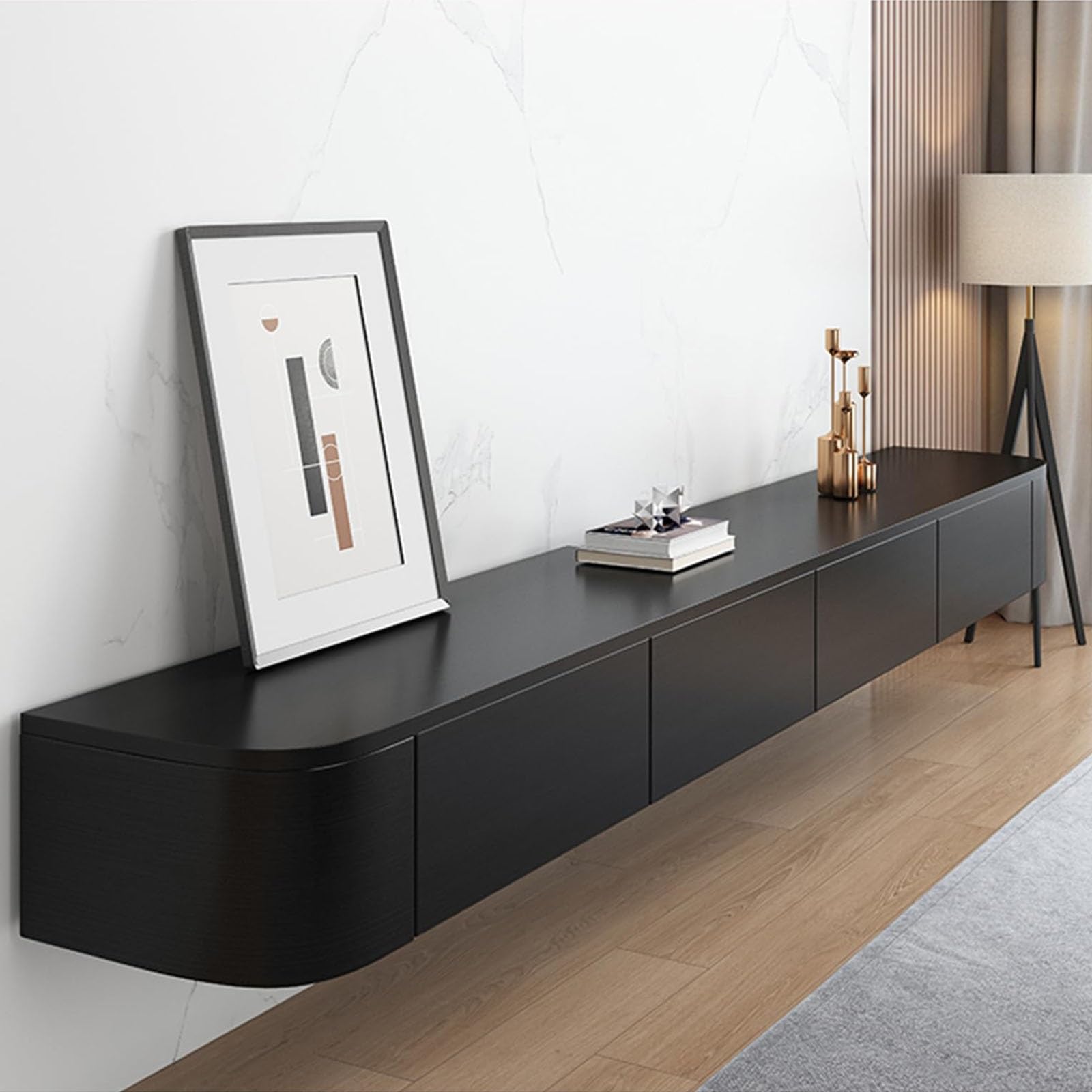 Moderno soporte de TV flotante montado en la pared con estantes de almacenamiento grandes, centro de entretenimiento de madera maciza para televisores de hasta 280 cm (negro)
