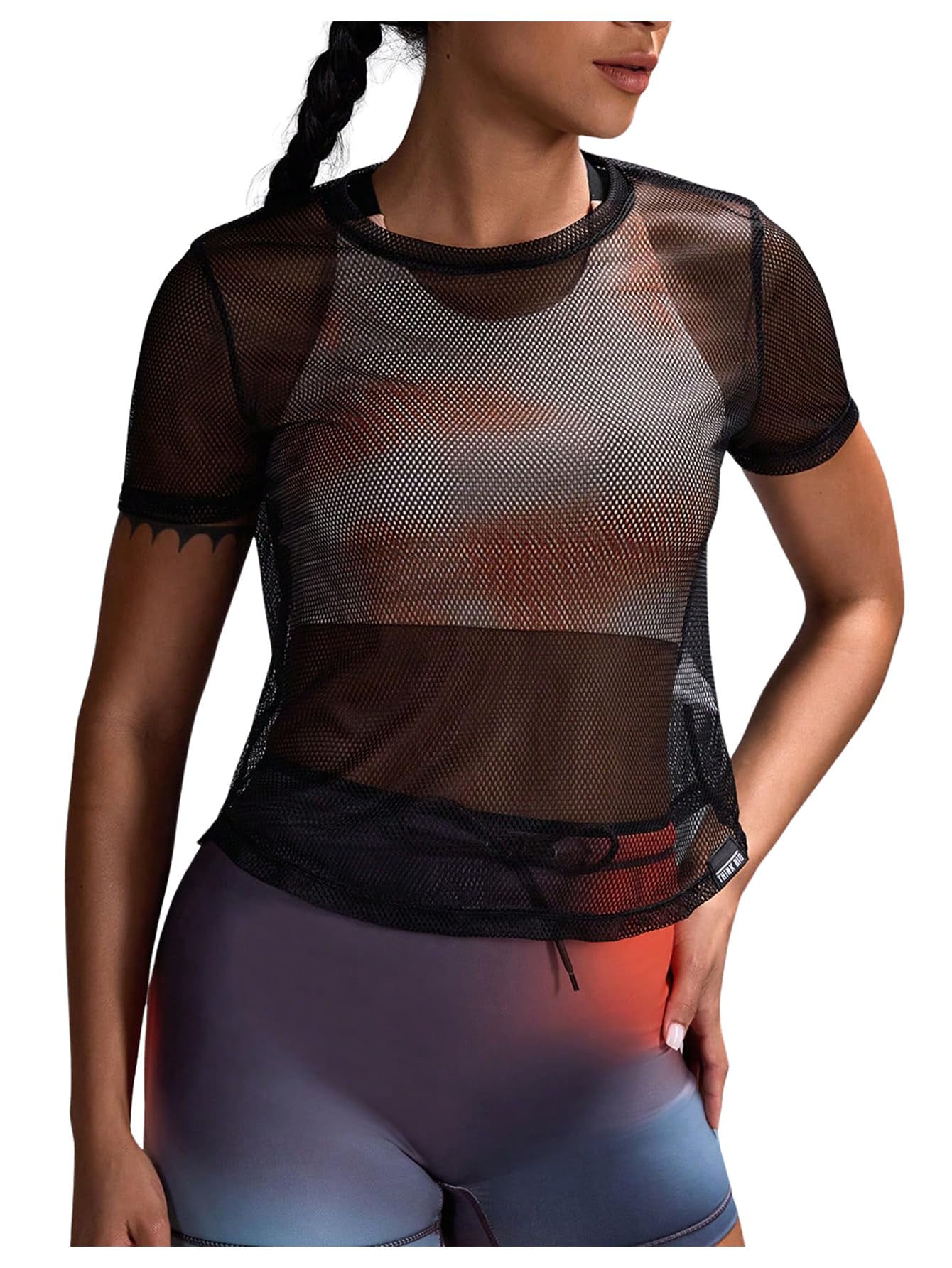 SweatyRocks Women's Mesh Workout Tops Short Sleeve Round Neck Fishnet Cover Ups Tee Shirt