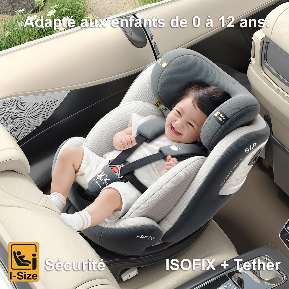 Heekin siège auto bébé 360 pivotant ISOFIX+TopTether 0-36kg 0-12ans Gris