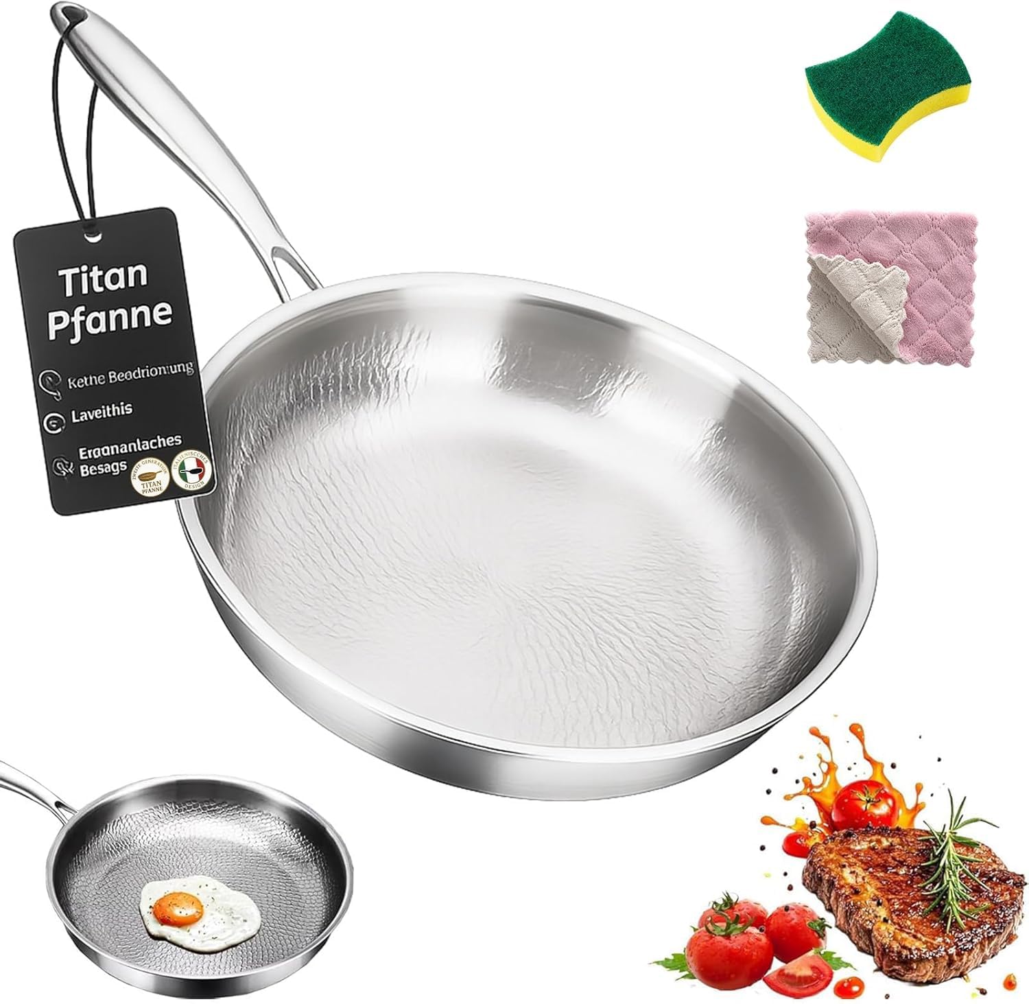 Sarten Acero 304, Sartén De Titanio Puro Antiadherente Con Estructura Tricapa, Cocción rápida y uniforme, Ultrarresistente Y Fácil De Limpiar, Mango ergonómico, Apto inducción, Gas (26cm, Sin Tapa)