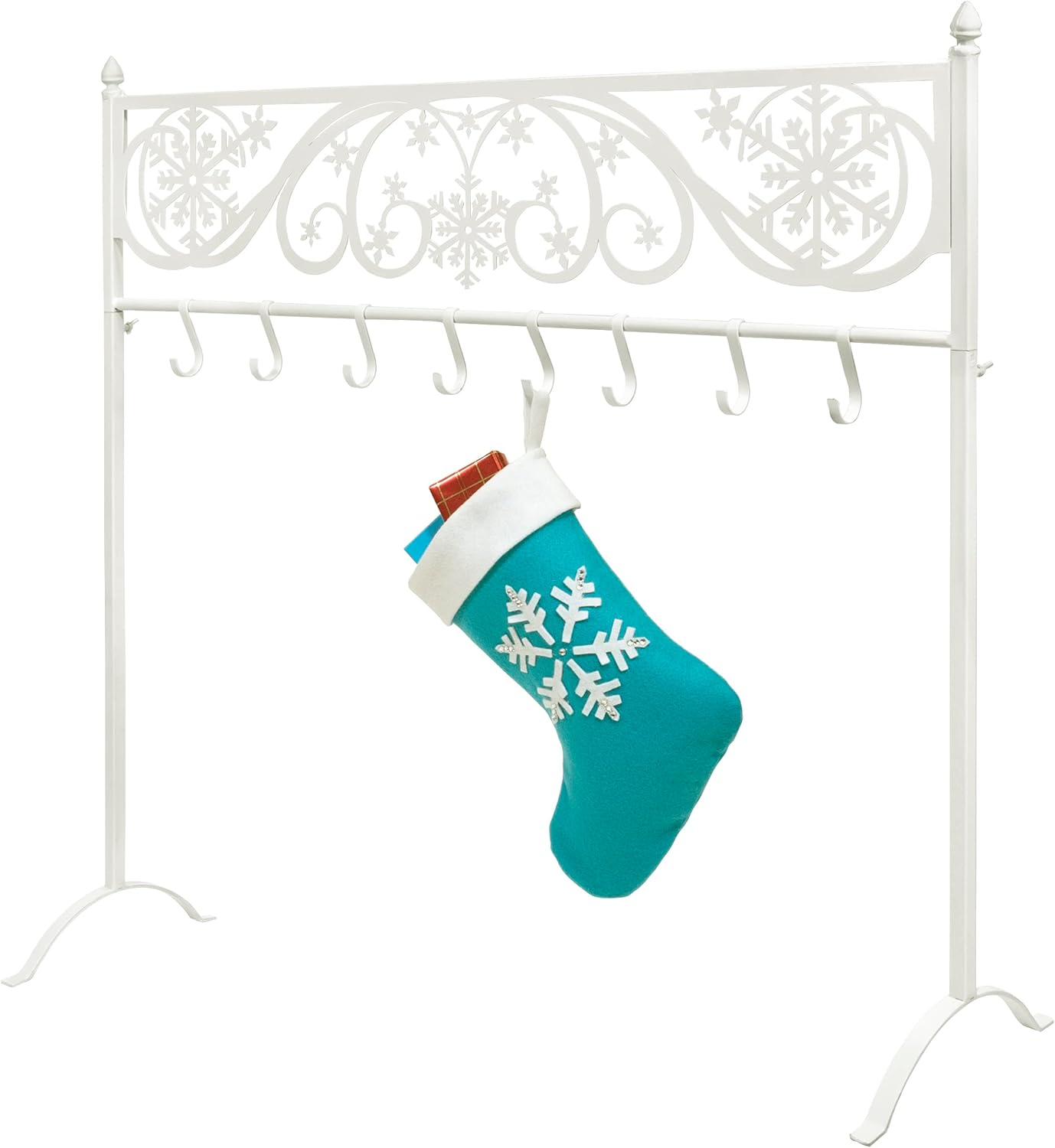Red Co. 38” Snowflake Scroll Metal Freestanding Christmas Stocking Holder Stand with 8 Hooks, White
