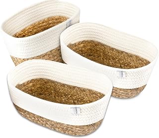 NORDIS DESIGN Juego de 3 cestas de almacenamiento de jacinto de agua y algodón, cesta de almacenamiento trenzada para baño y organización de baño, color blanco como la nieve natural
