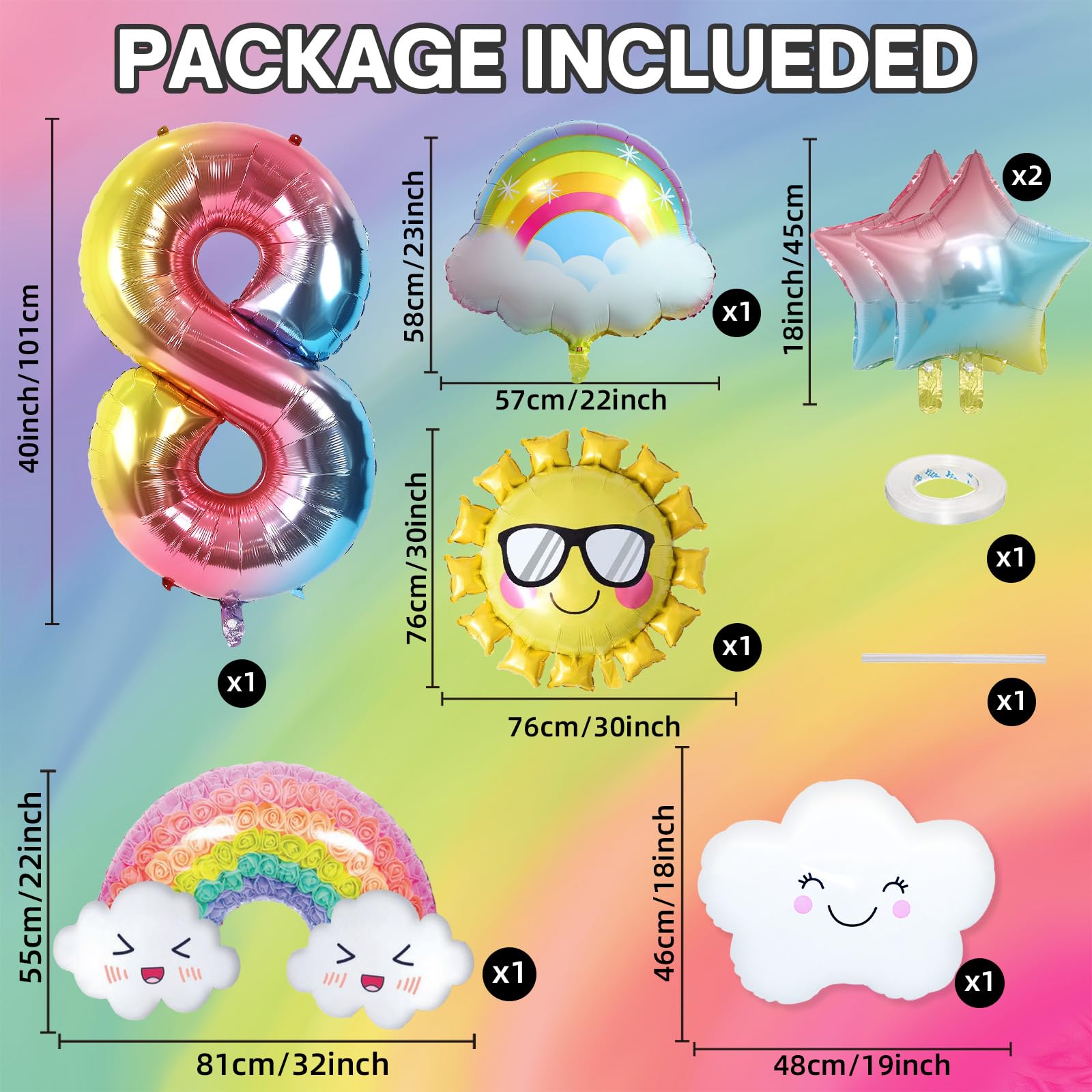 8 Jahre Regenbogen Geburtstag Deko für Mädchen - Folienballon, Sonne, Sterne Luftballons für 8. Geburtstag Mädchen