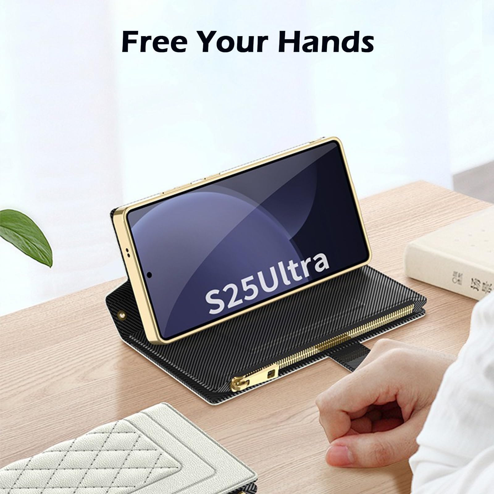 Etui na ramię do Samsung Galaxy S25 Ultra, zapięcie magnetyczne, 3 przegródki na karty, złota ramka, zamek błyskawiczny, torebka z paskiem na ramię, szary