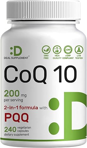 DEAL SUPPLEMENT CoQ10 200mg con PQQ 200mcg, 240 cápsulas vegetales Complejo de coenzima Q10 biodisponible Apoya la salud del corazón, la energía y