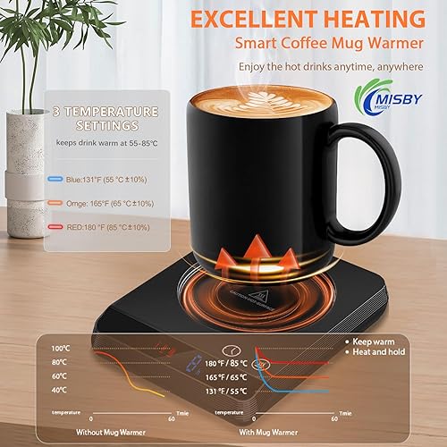 Miniatura 2 de Misby Calentador de tazas, calentador eléctrico H4 para escritorio con apagado automático con 3 ajustes de temperatura, calentador inteligente de