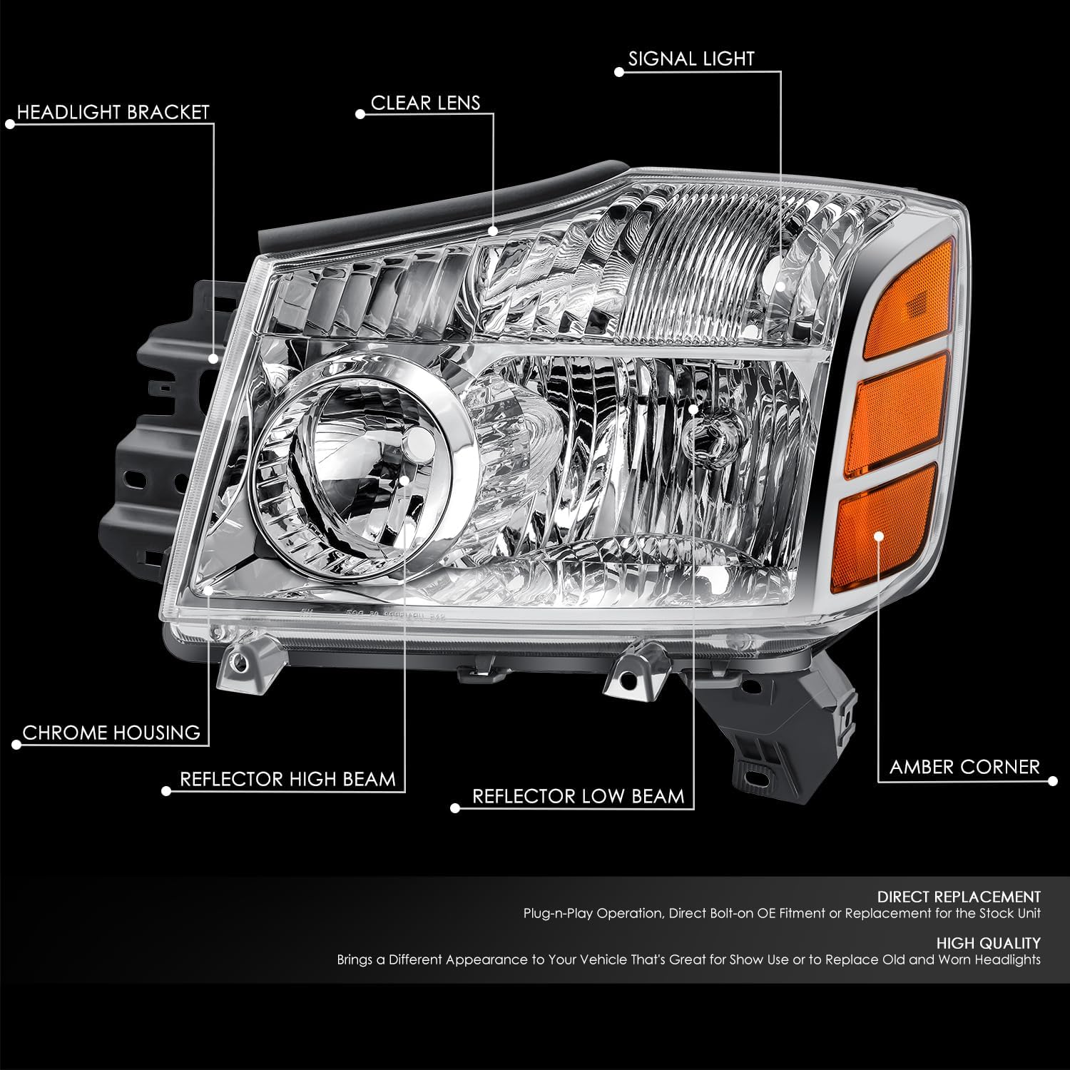 DNA MOTORING Left OE Style Headlight Compatible with 05-07 Armada / 04-06 Titan / 2004 Pathfinder,OEM-HL-0220-L