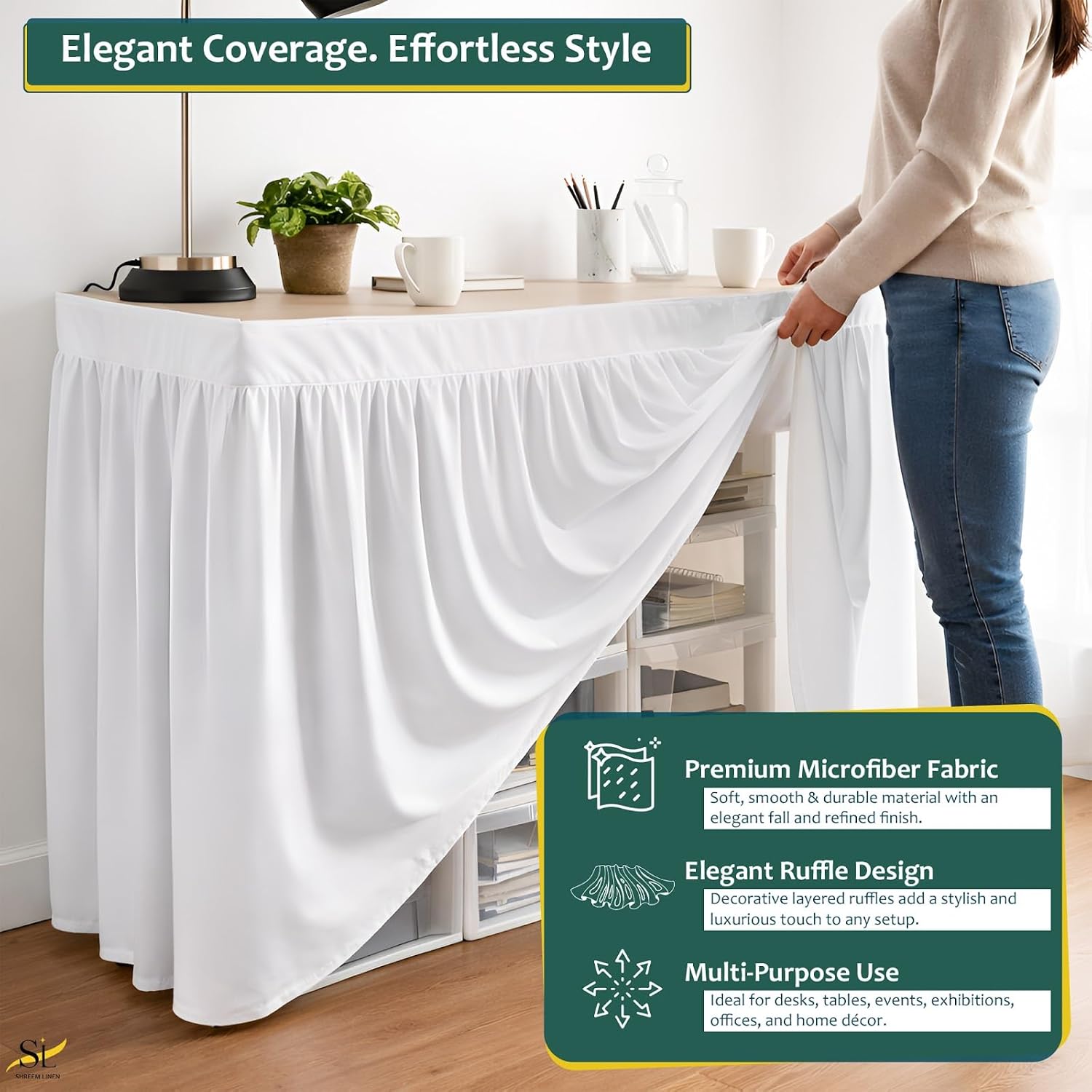 Shreem Linen Dorm Desk Skirt, Ruffled Gathered Table Cover, Custom-Fit, No Platform, Split Corners, Under Desk Storage Cover for Dorm & Home Office, White Desk Skirt (D24 x W49 Skirt H30 Inches)