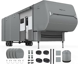 Upgraded 5th Wheel RV Cover, Thick 7 Layers Waterproof Top Fits 37'-40' Trailer, Anti-UV & Windproof Camper Cover with Tire Covers and Gutter Covers
