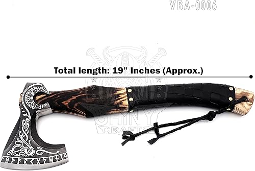 Vista 25 de SHINY CRAFTS - Hacha vikinga barbuda Tomahawk regalos de cumpleaños - Hacha Valhalla, cabeza de hacha vikinga de acero al carbono, mango grabado