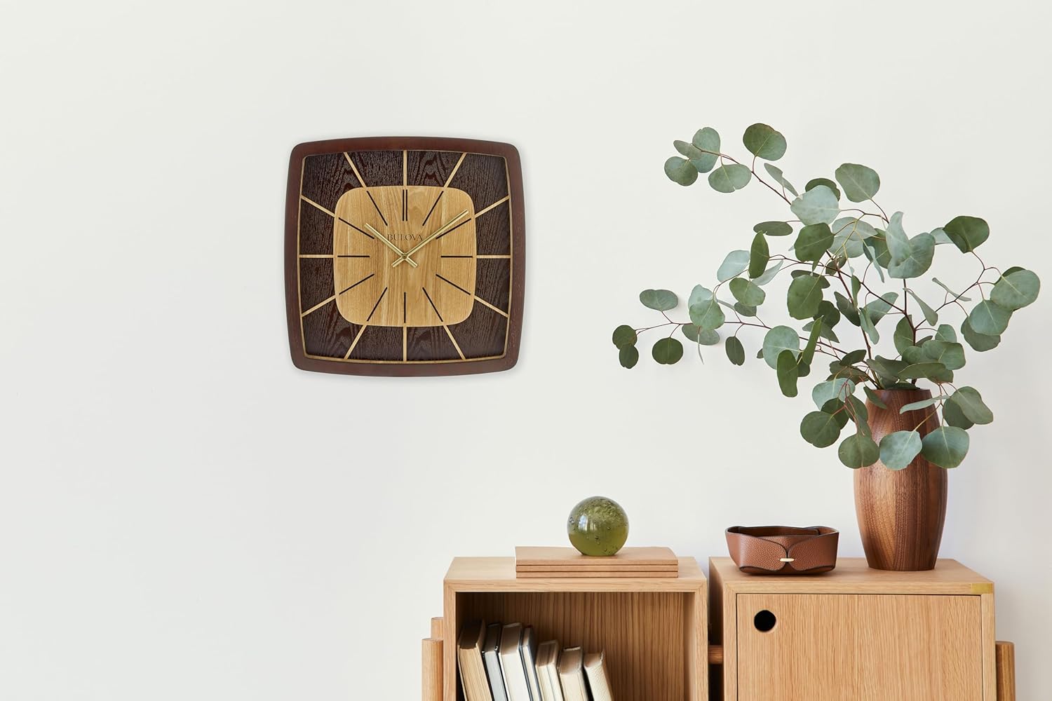 Bulova Clocks C4382 Darien 15.75” Mid-Century Wall Clock – Solid Hardwood Espresso Frame, Retro Wooden Dial, Radiating Hour Markers, Accurate Quartz Movement