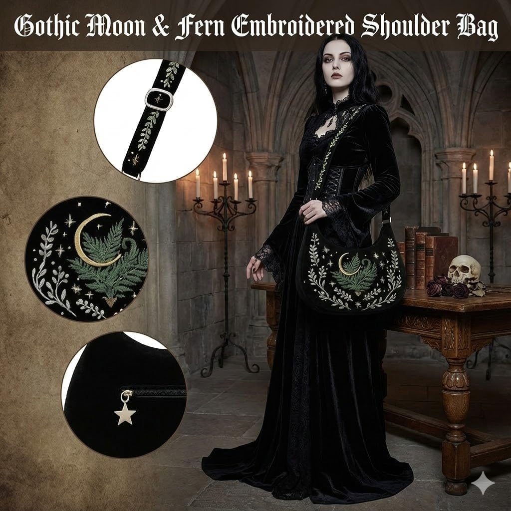 Crescent Shoulder Bags for Women – Cute Gothic Hobo Tote Handbag with Moon & Star Embroidery, Crossbody Purses