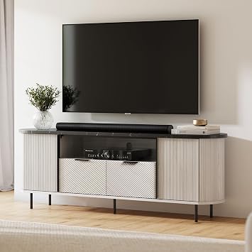 BELLEZE 68 inch Fluted TV Stand Modern Chic Faux Marble Top, Curved Profile Entertainment Center with Storage for TVs Up to 80 inch, Media Console Tv Cabinet for Living Room White Sand