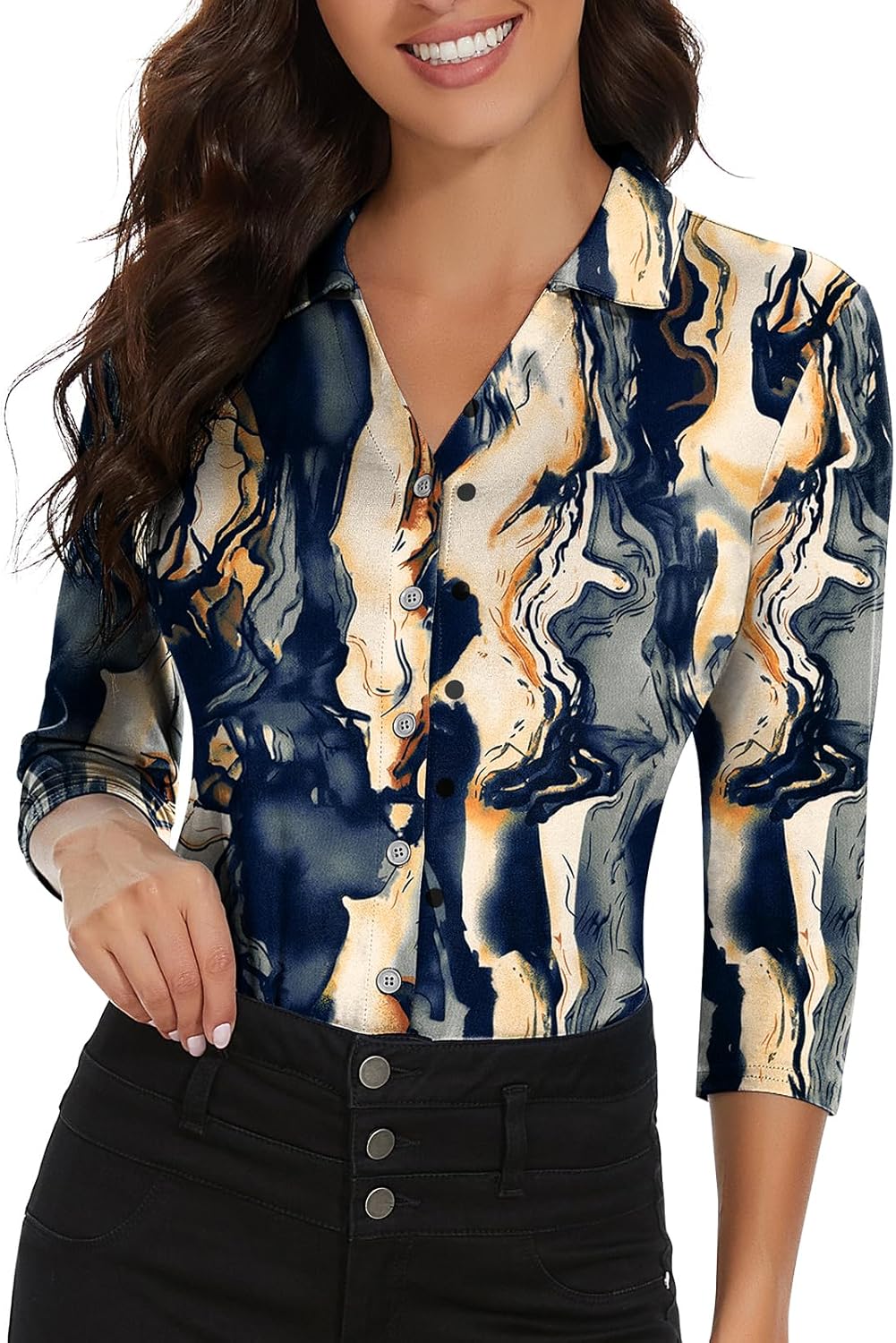 Soneven Womens Golf Polo Shirts 3/4 Long Sleeve V Neck Button Down Shirts Business Causal Work Blouses Tops