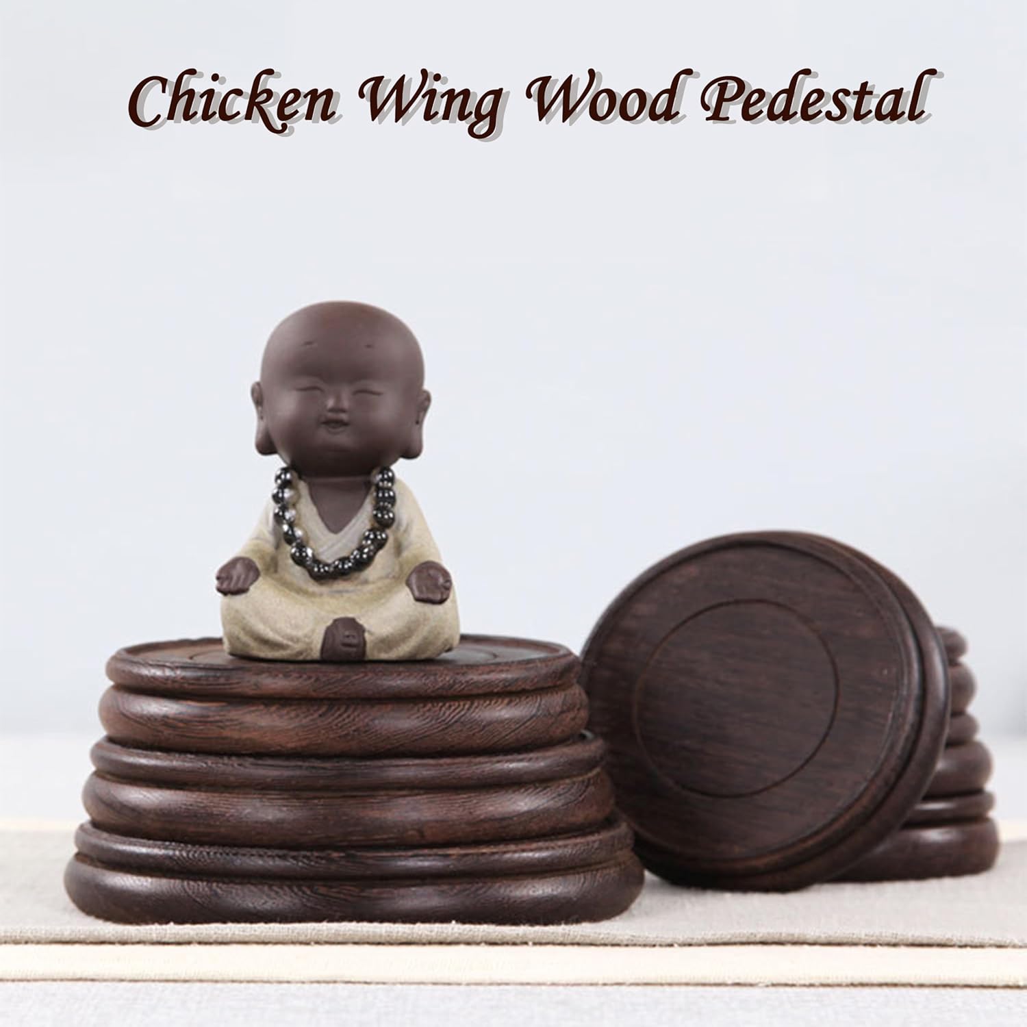 GOLDY&WENDY Oriental Round Carving Crafted Wooden Pedestal, Brown Rosewood Furniture Decoration (4.3" Inside Diameter)