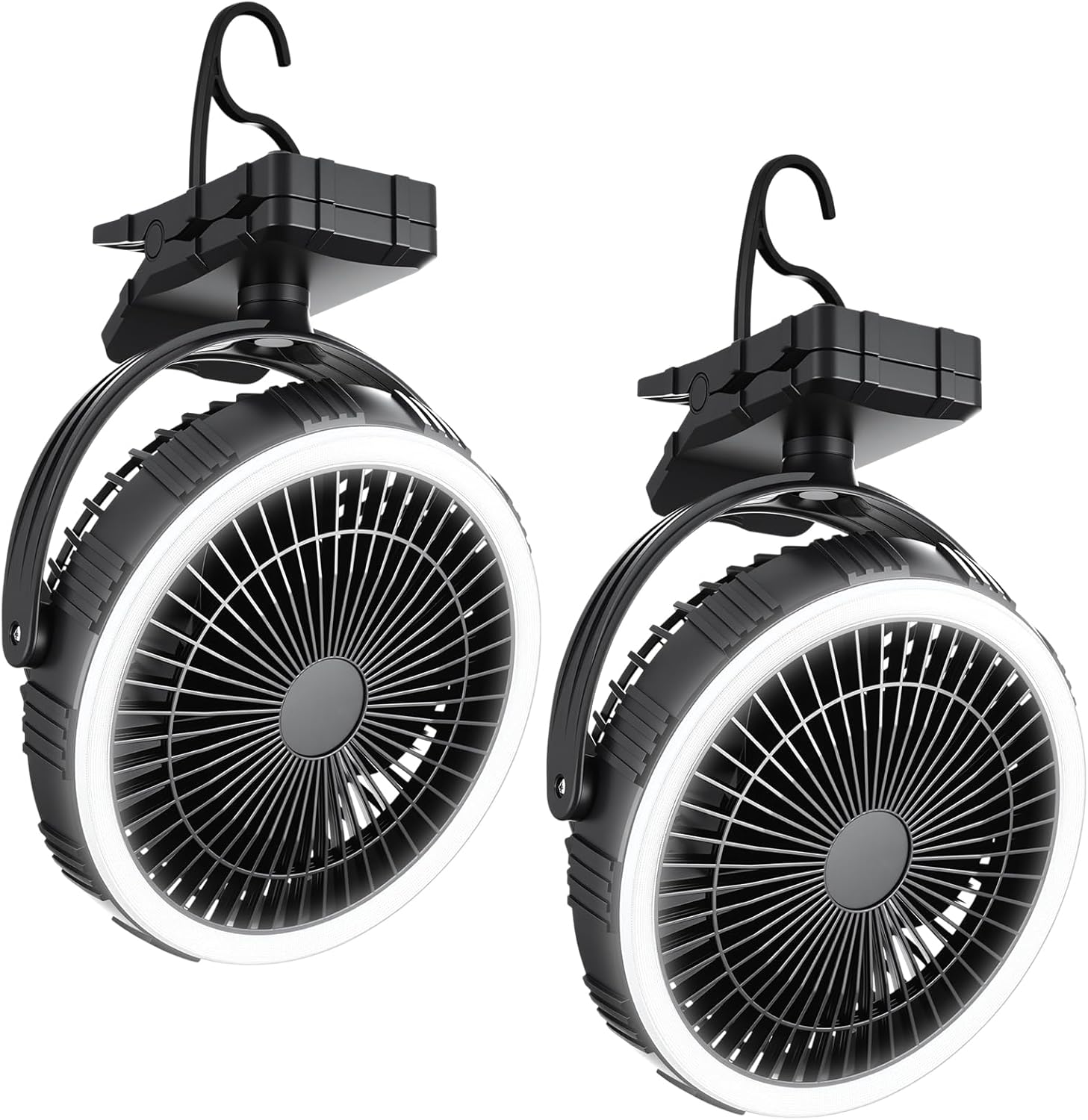 Tuanse 2 Pcs 10000mah Camping Fan with LED and Timer, 8 Inch Rechargeable Tent Fans with Clip on & Hanging Hook for Outdoor Tent, Travel, RV, Picnic, 3 Speed & 3 Brightness