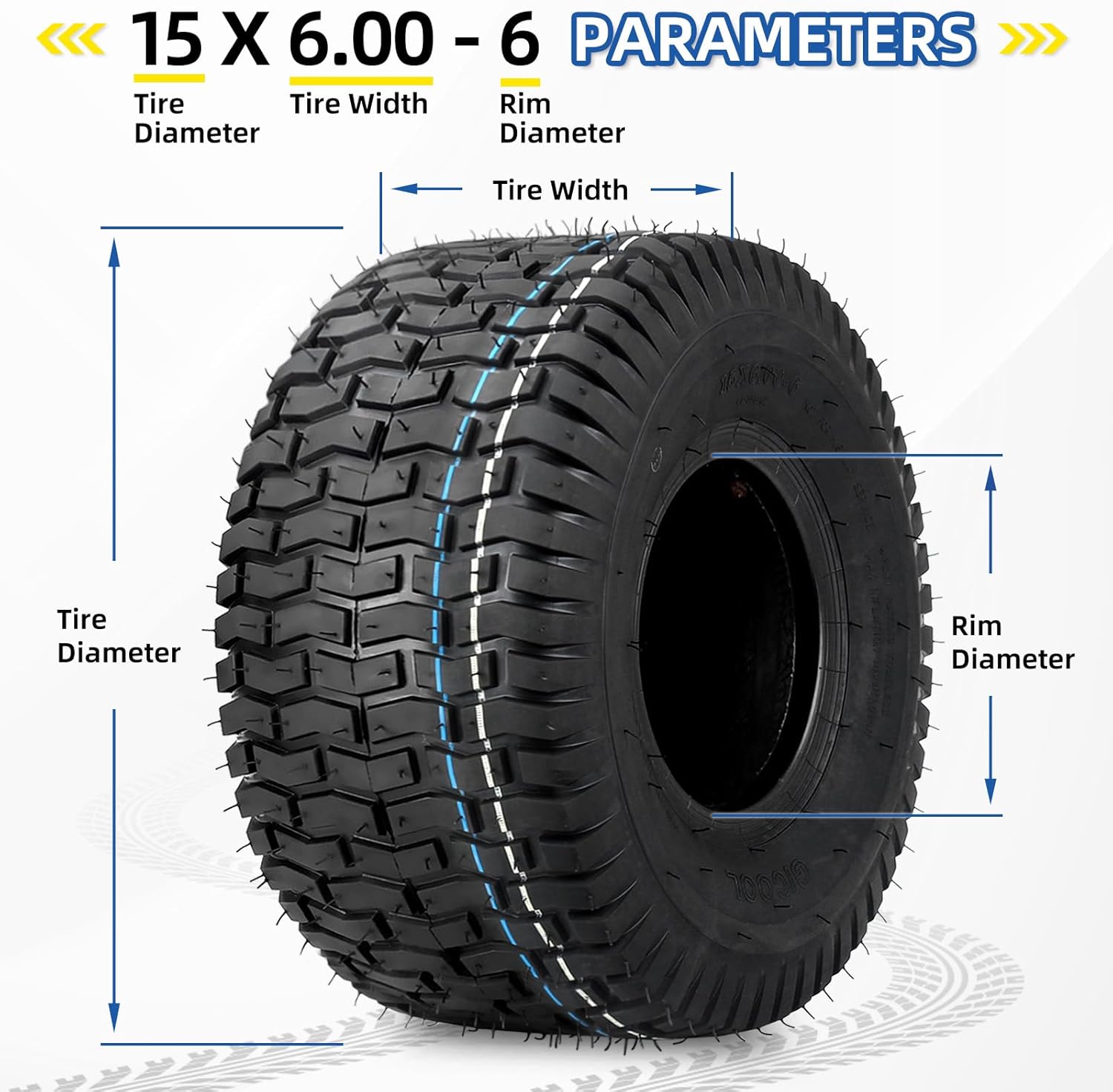 GICOOL 15x6.00-6 Lawn Mower Tubeless Tire, 15x6-6 for Tractor Riding Lawn Mowers Front Tire, 2 Pcs, 4 Ply, Turf-V Pattern
