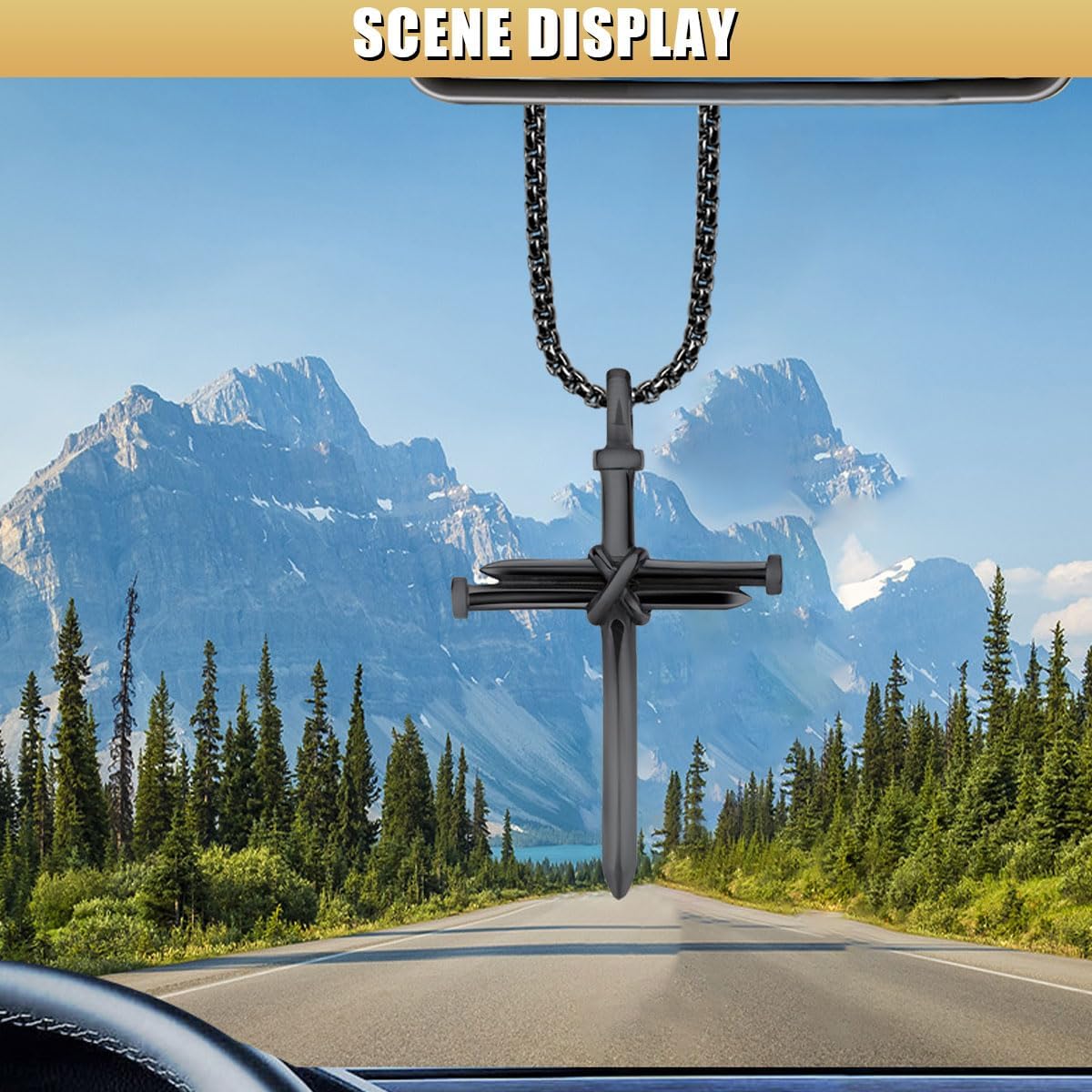 Nail Cross Pendant for Car Rearview Mirror, 3 Nails Metal Cross Car Rear View Mirror Charm Decoration, Universal Religious Auto Interior Hanging Necklace Ornament for Men Women (Black)
