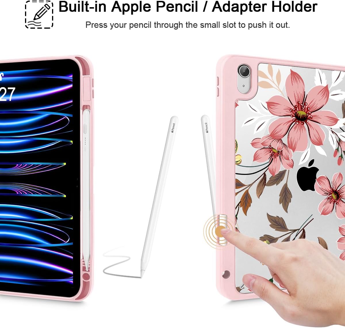Mektron Case for 2025 iPad 11 inch (A16 Chip) 11th Gen Fit iPad 10th Gen10.9 inch 2022, Buit in Pencil Holder with Shockproof Cover Clear Shell + Trifold Stand + Auto Wake/Sleep, Floral C293 - Image 5