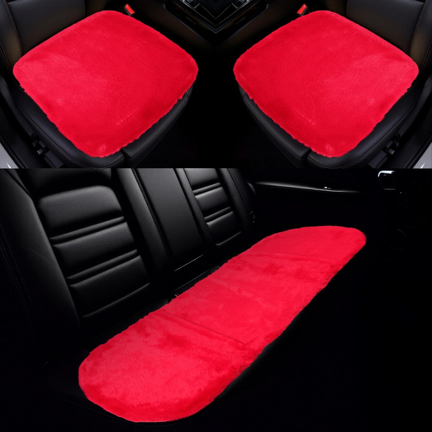X AUTOHAUX Universal Car Seat Cover Set Car Seat Cushion for Front Rear Seat Shearling Wool Seat Mat Red 1 Set