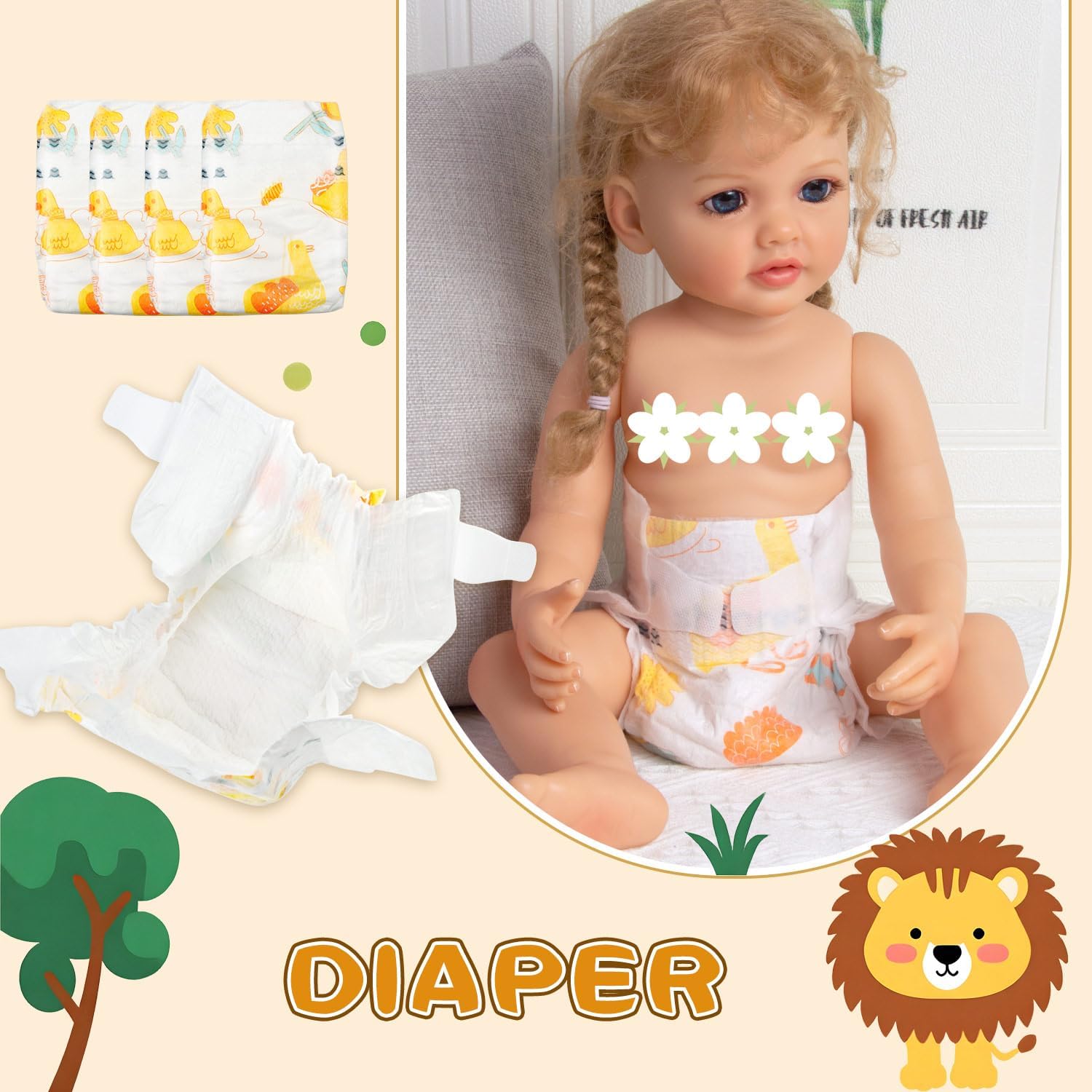 13 Pcs Reborn Baby Doll Accessories Boy 17-22 Inch Reborn Baby Clothes with Backpack Newborn Doll Outfit Diapers Cute Yellow Tiger Design