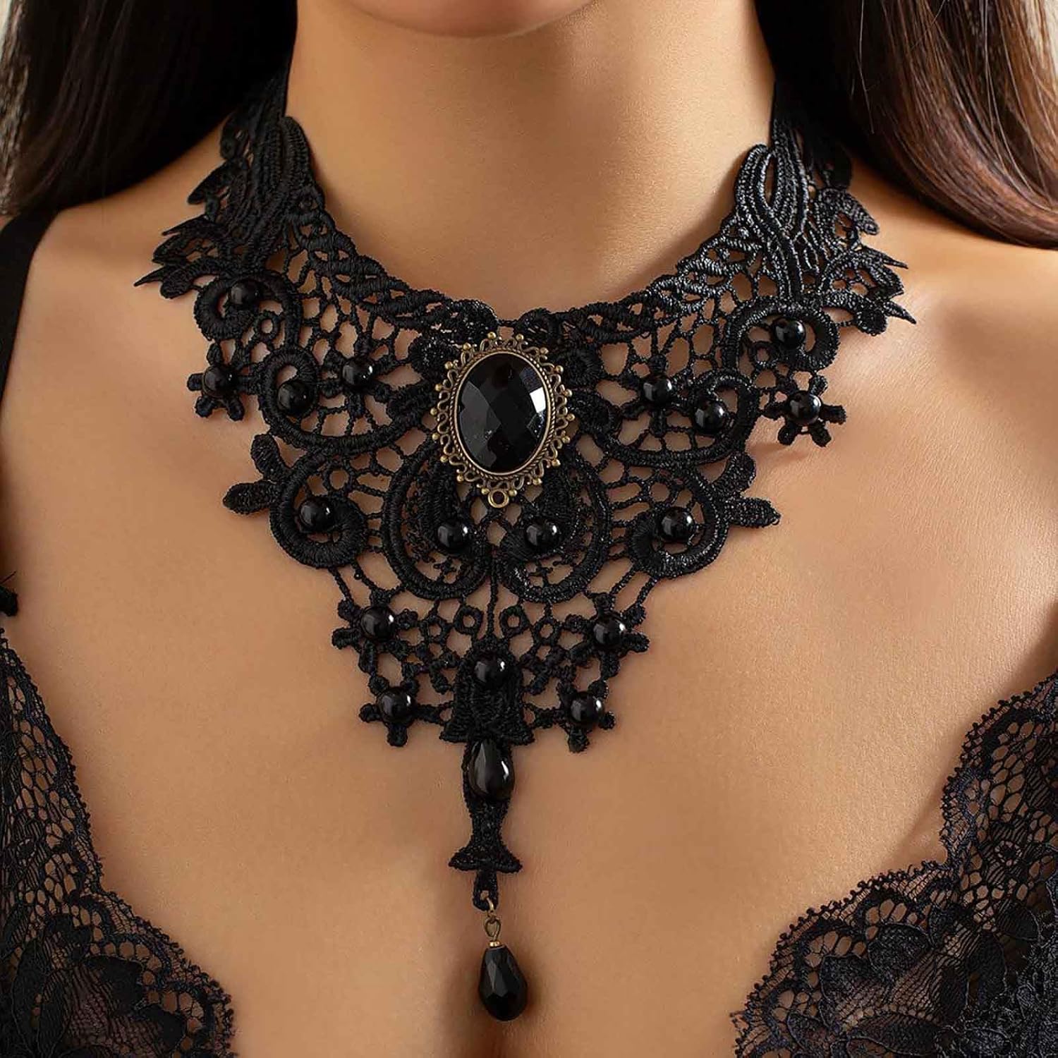 Andelaisi Gothic Lace Choker Necklace Black Tassel Pendant Necklace Vintage Gem Collar Necklace Black Water Drop gemstone Chain Necklace Jewelry for Women - Image 2