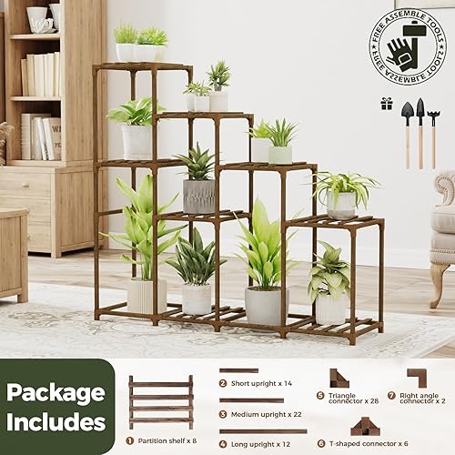 Miniatura 7 de Bamworld Soporte alto para plantas de interior, estante de madera para plantas al aire libre, estante escalonado para múltiples plantas, 4 niveles,