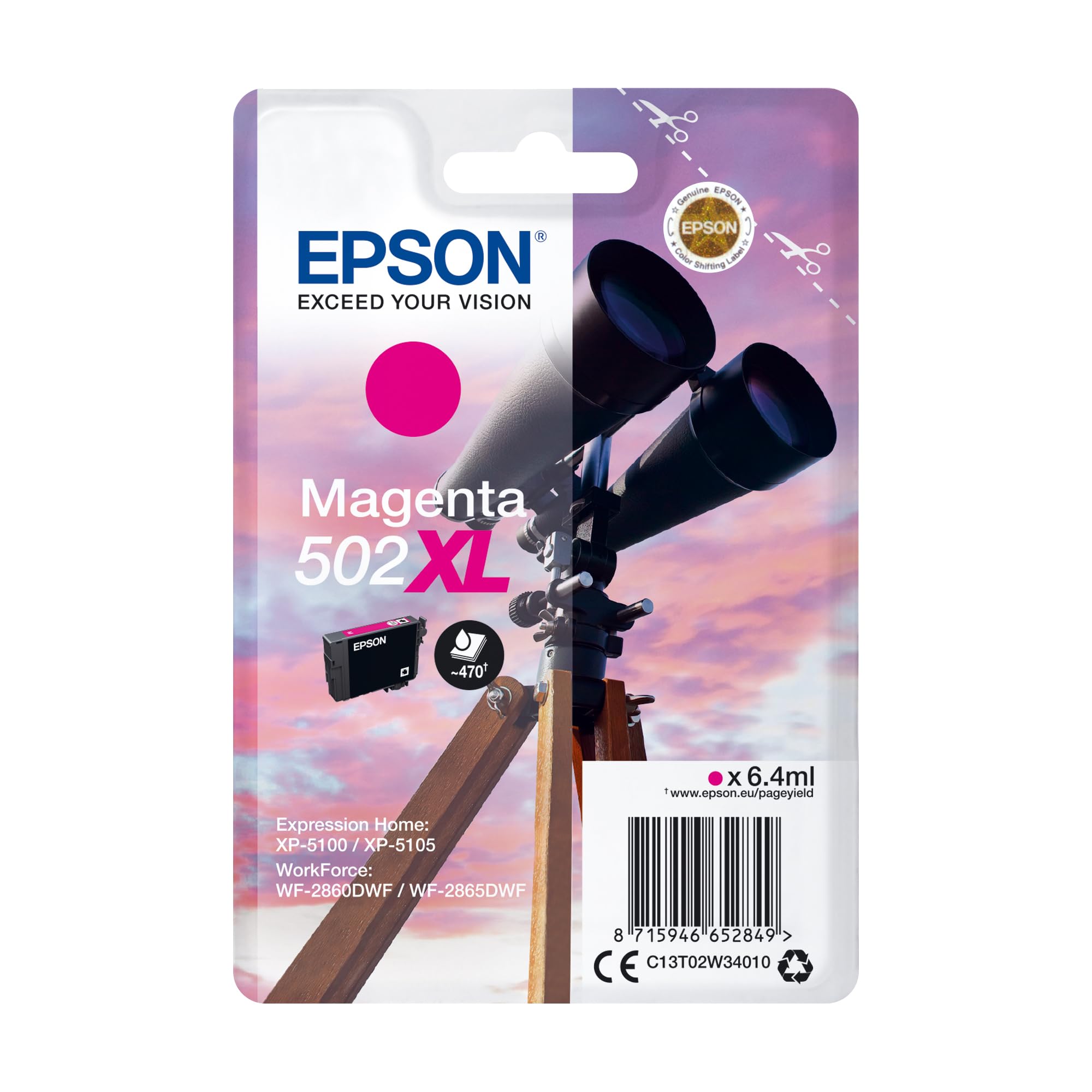 Epson Original 502XL Tinte Fernglas Singlepack Magenta XL, XP-5100 XP-5105 XP-5150 XP-5155 WF-2860DWF WF-2865DWF WF-2880DWF WF-2885DWF, ReadyPrint Flex-Tintentarife