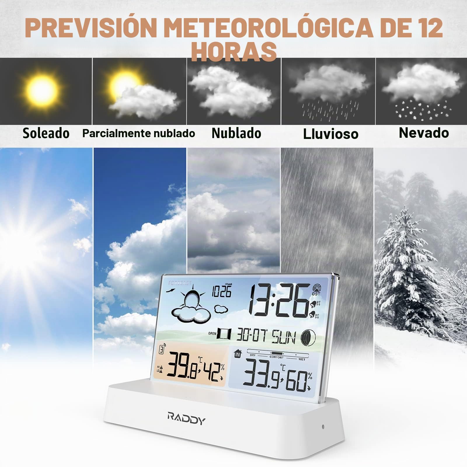 Raddy DT6 Estación meteorológica para interiores y exteriores, reloj de radio DCF, termómetro higrómetro para, estación meteorológica para el hogar con pronóstico del tiempo y barómetro