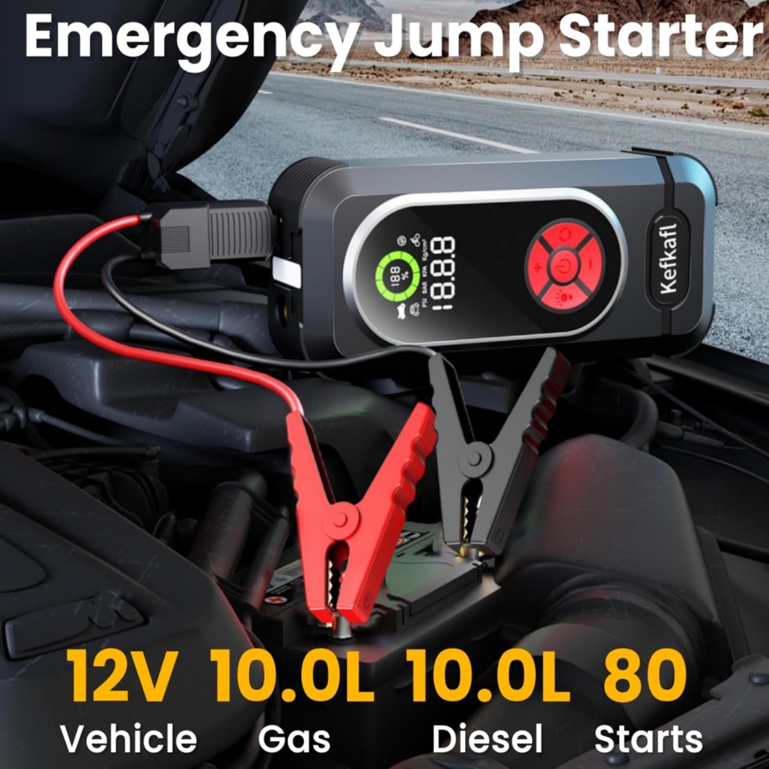 jump starter with air compressor, 4000a car battery jump starter (10.0 gas/10.0l diesel), 150 psi 12v car battery jump box with tire inflator, jumper cables, led light, led display q-4000a
