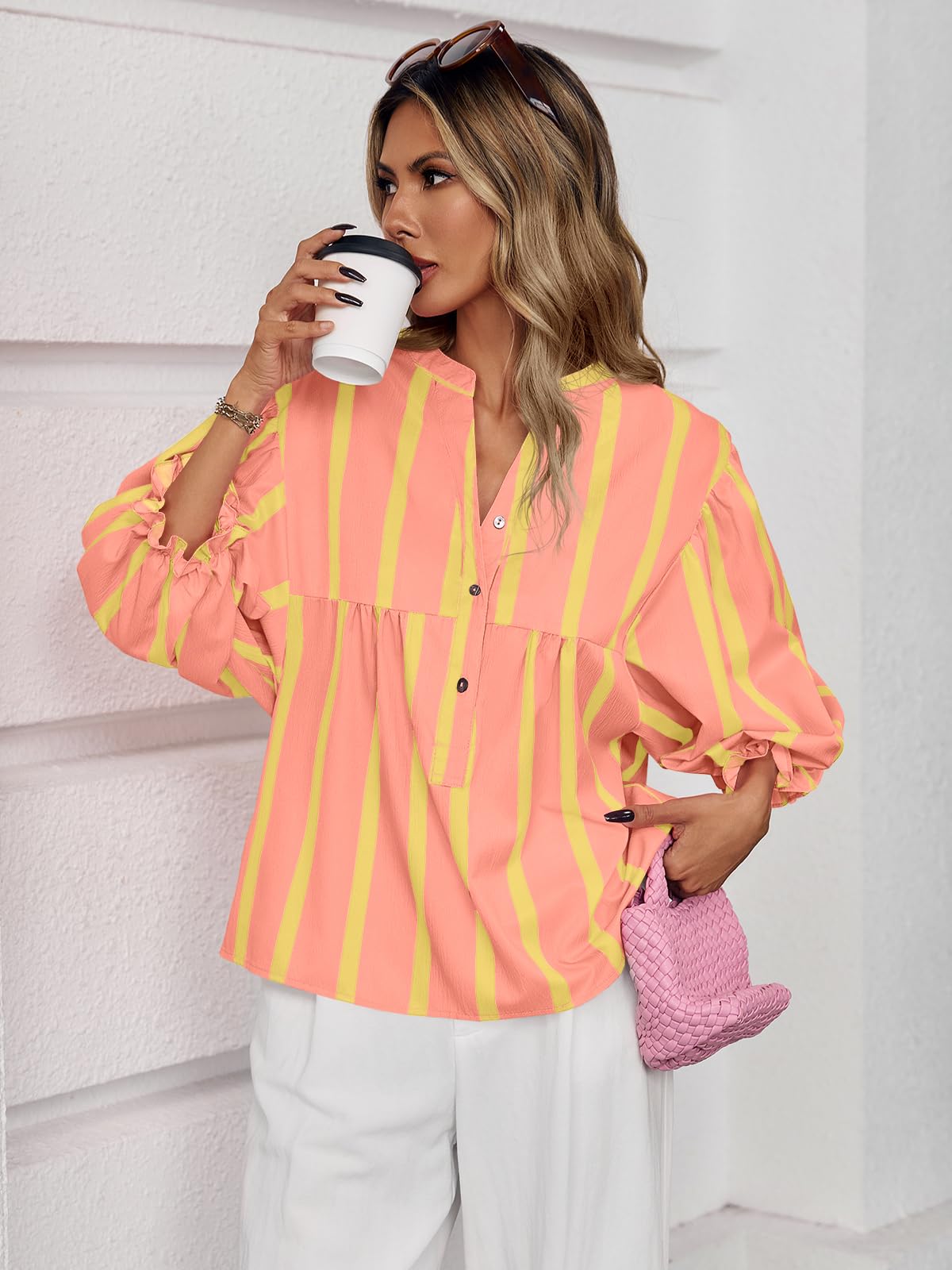 Tankaneo Babydoll da donna con maniche a sbuffo top estivo con scollo a V camicetta a righe carino casual vestibilità ampia camicie fluide
