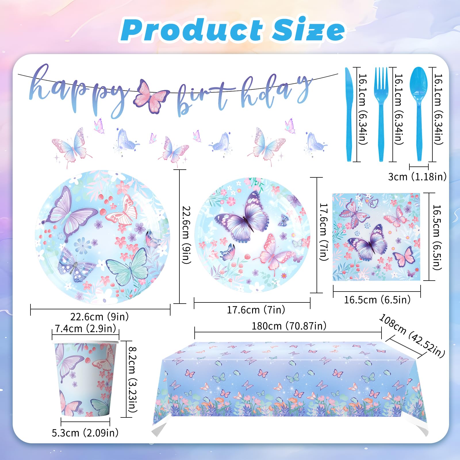 Butterfly Birthday Party Decorations, Party Supplies Disposable Paper Plates Napkins Cups Cutlery Tablecloth and Banner for Girl Butterfly Party Decorations, Serves 24 (Blue)