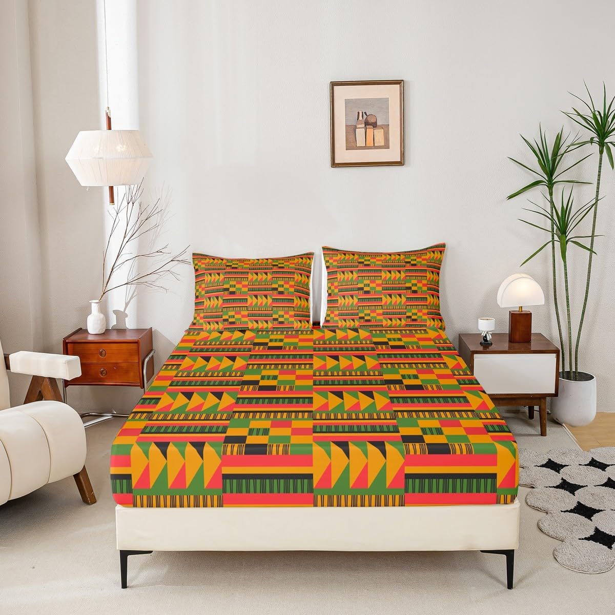 jejeloiu African Pattern Fitted Sheet Full Size Ethnic Afro Decor Bed Sheets Set 16" Deep Pocket Soft Breathable Traditional Exotic Style Bedding with 2 Pillowcases Tribal Room Decor