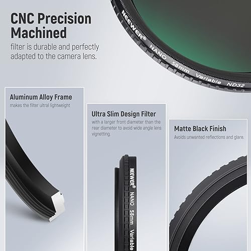 Miniatura 6 de NEEWER Filtro ND variable HD de 2.283 in ND2-ND32 (1-5 paradas) sin cruzvidrio óptico30 capas nano revestidomarco de aleación de aluminio ultra